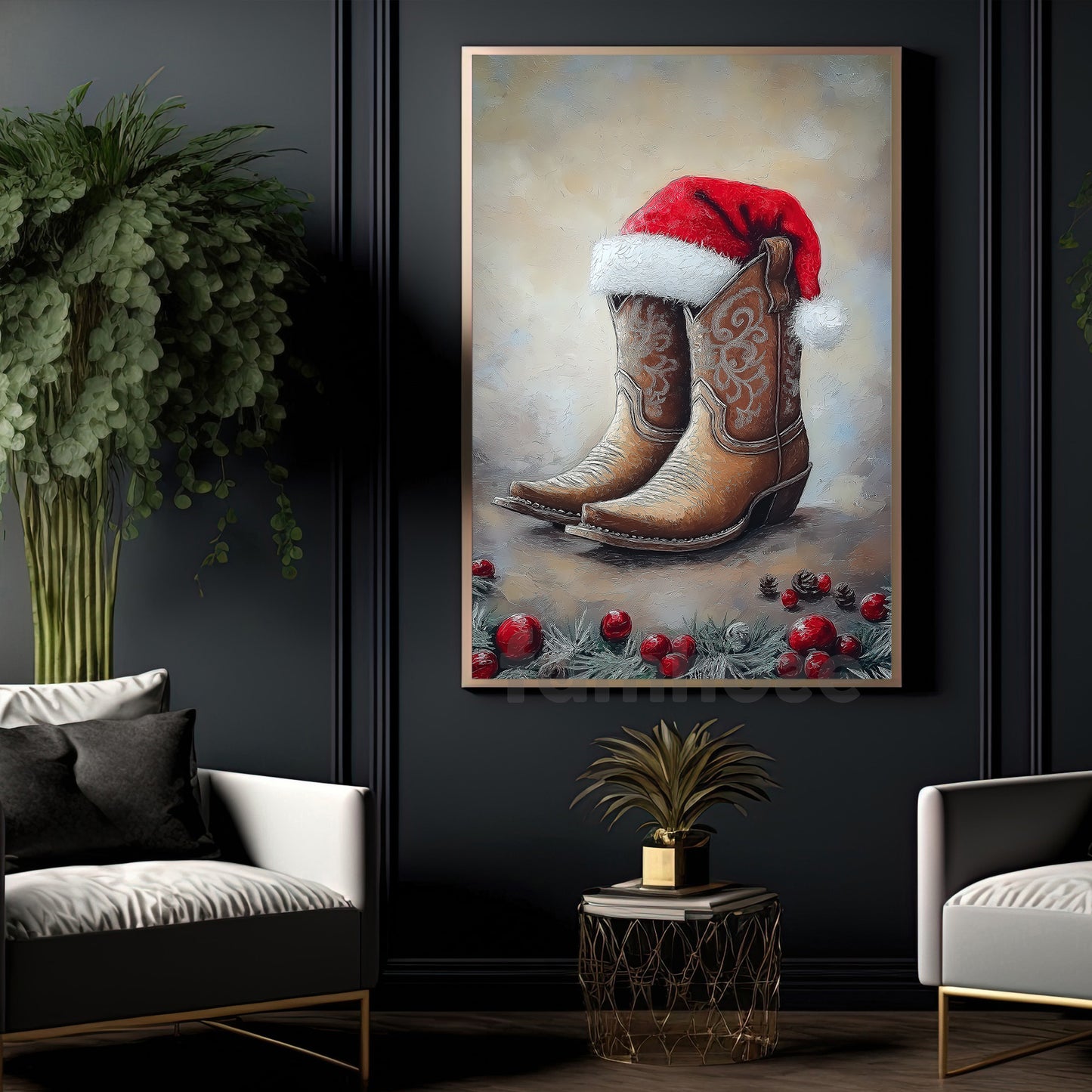 Christmas Cowboy Canvas Painting, Rustic Cowboy Christmas Wall Art Decor Xmas Poster Gift For Cowboys