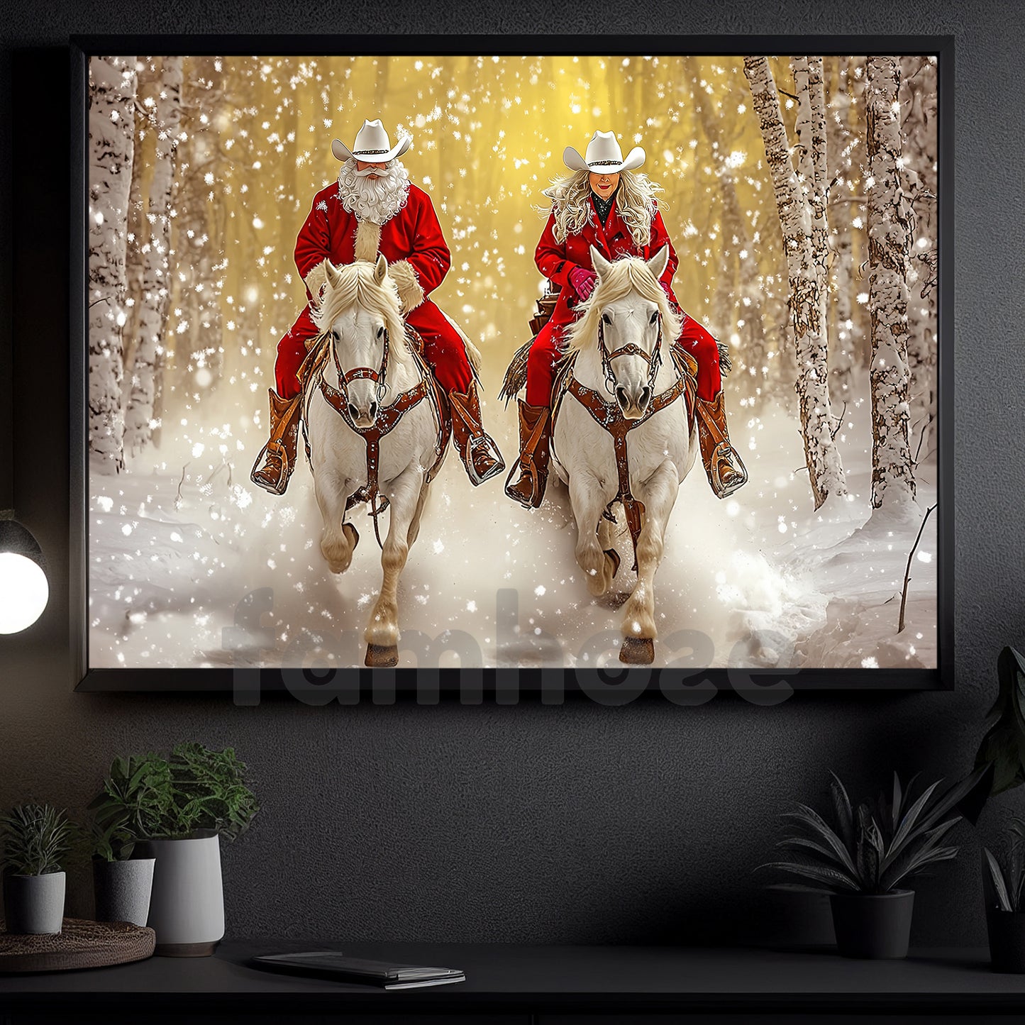 Christmas Couple Cowboy Cowgirl Canvas Painting, Couple Riding Horse In Winter Wall Art Decor, Xmas Poster Gift For Cowboy And Cowgirl Lovers