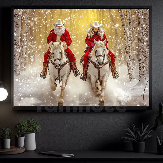 Christmas Couple Cowboy Cowgirl Canvas Painting, Couple Riding Horse In Winter Wall Art Decor, Xmas Poster Gift For Cowboy And Cowgirl Lovers