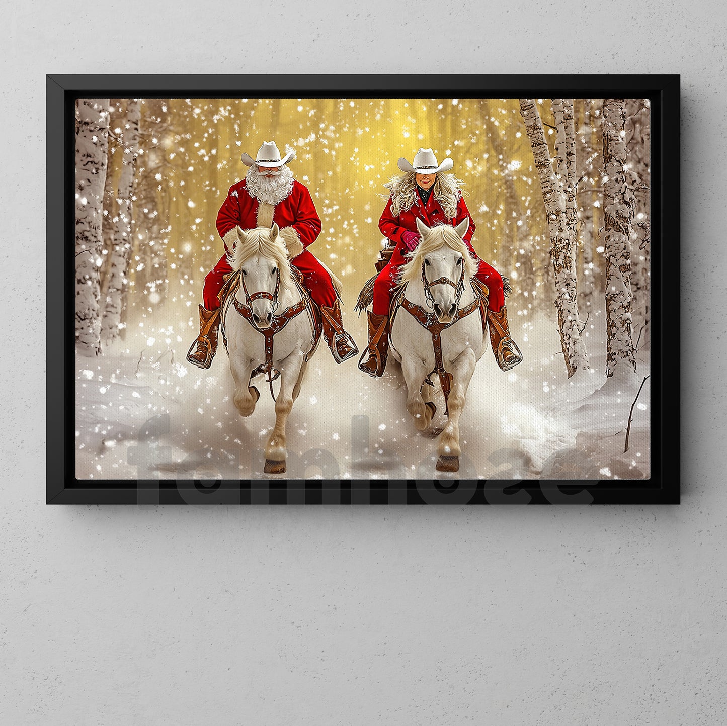Christmas Couple Cowboy Cowgirl Canvas Painting, Couple Riding Horse In Winter Wall Art Decor, Xmas Poster Gift For Cowboy And Cowgirl Lovers
