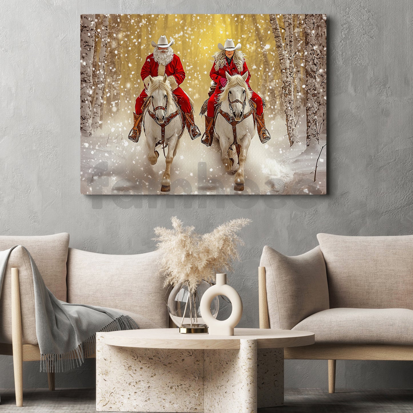 Christmas Couple Cowboy Cowgirl Canvas Painting, Couple Riding Horse In Winter Wall Art Decor, Xmas Poster Gift For Cowboy And Cowgirl Lovers