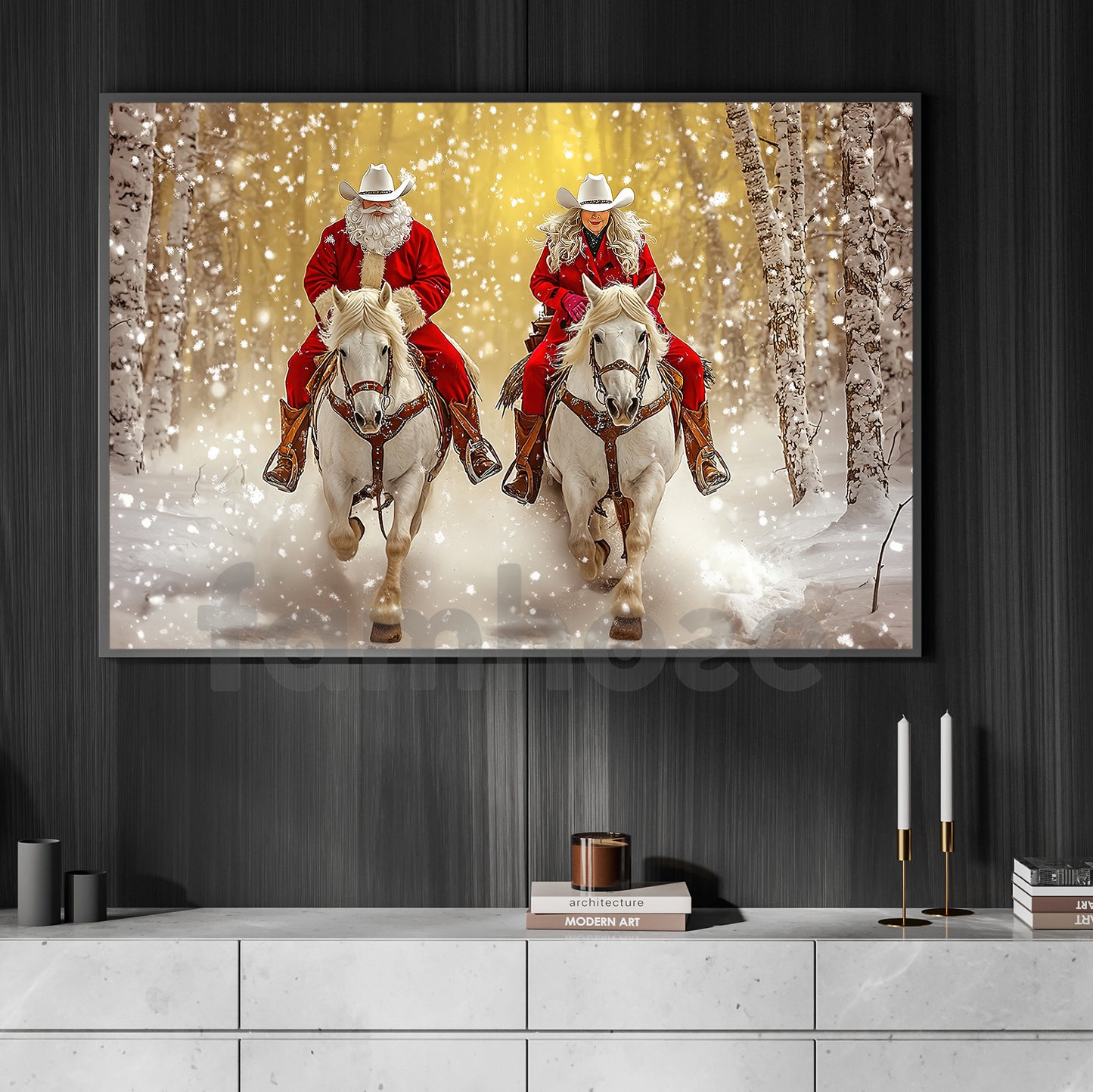 Christmas Couple Cowboy Cowgirl Canvas Painting, Couple Riding Horse In Winter Wall Art Decor, Xmas Poster Gift For Cowboy And Cowgirl Lovers