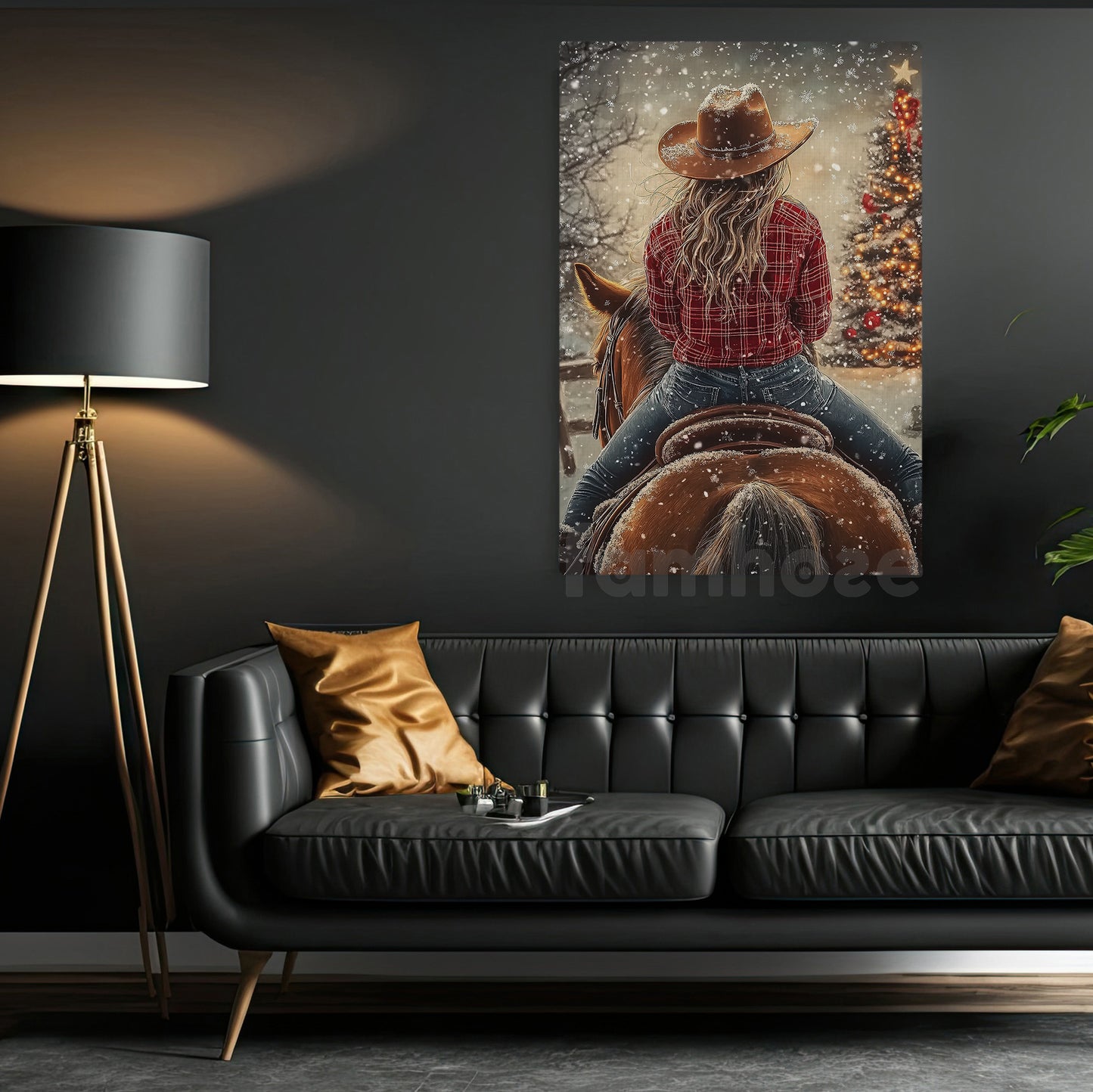 Christmas Cowgirl Riding Horse Canvas Painting, Riding In Snow Wall Art Decor Xmas Poster Gift For Cowgirls