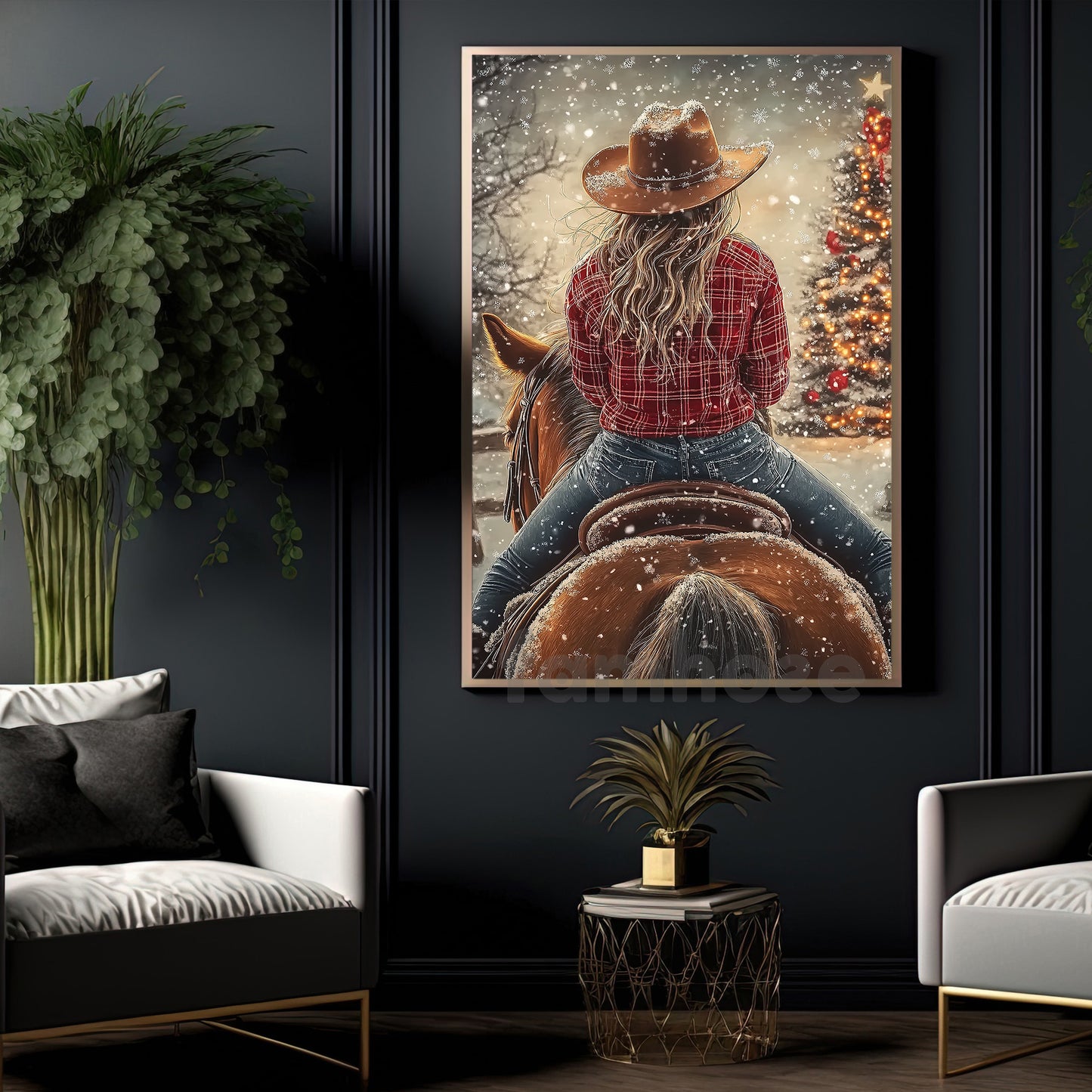 Christmas Cowgirl Riding Horse Canvas Painting, Riding In Snow Wall Art Decor Xmas Poster Gift For Cowgirls