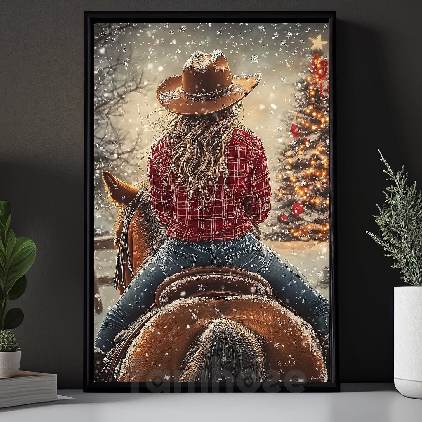 Christmas Cowgirl Riding Horse Canvas Painting, Riding In Snow Wall Art Decor Xmas Poster Gift For Cowgirls