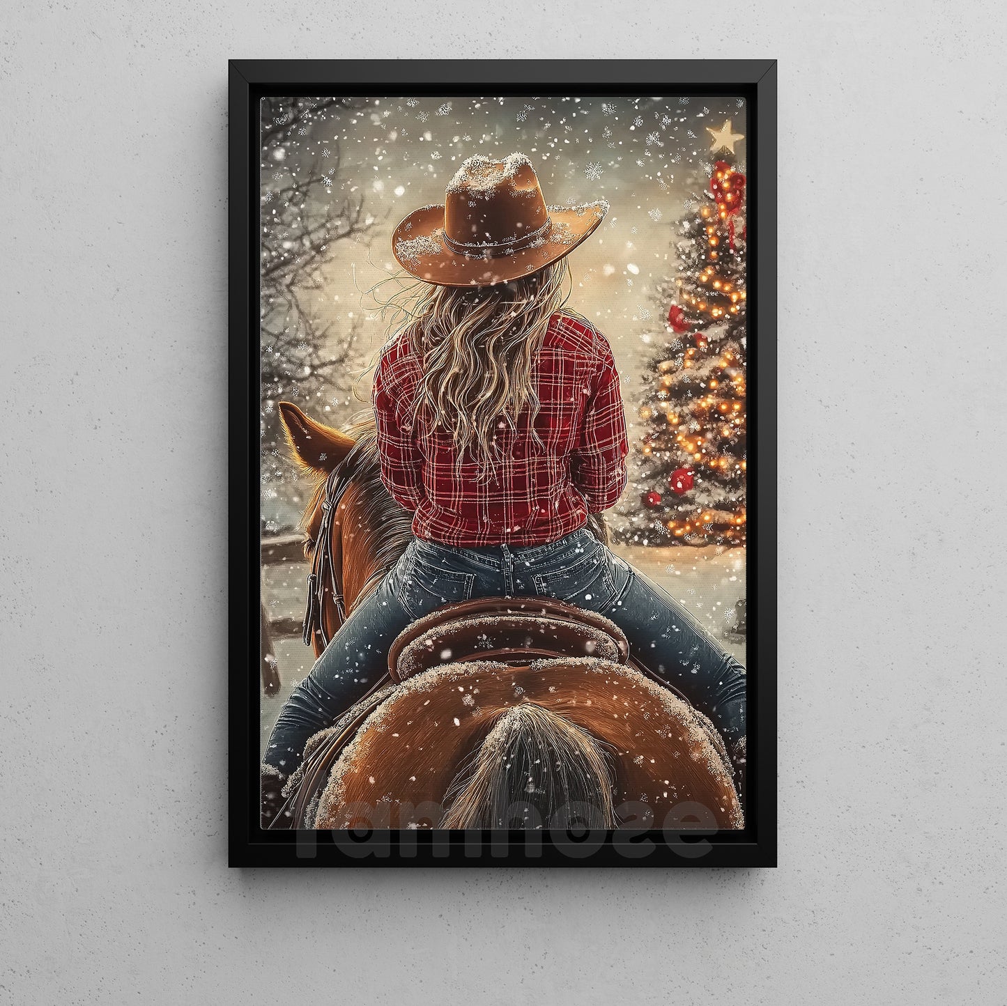 Christmas Cowgirl Riding Horse Canvas Painting, Riding In Snow Wall Art Decor Xmas Poster Gift For Cowgirls