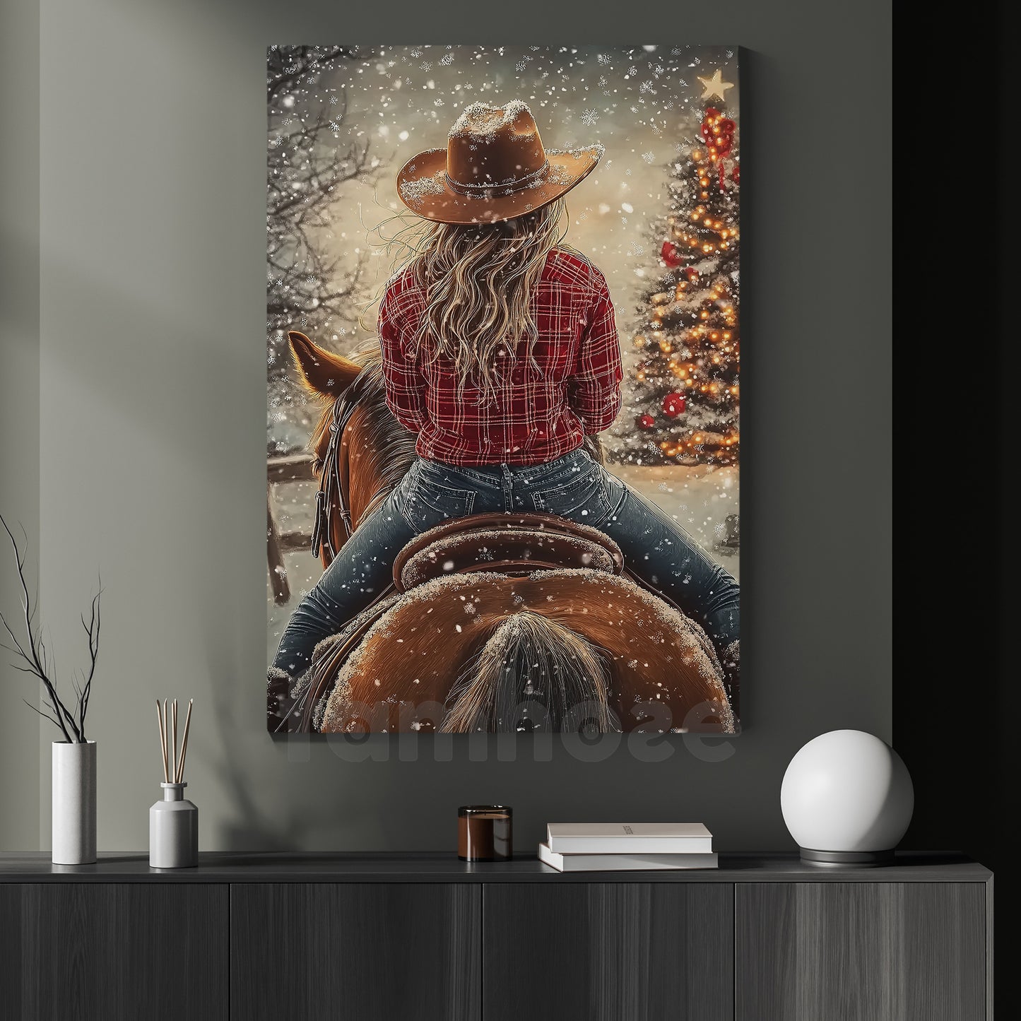 Christmas Cowgirl Riding Horse Canvas Painting, Riding In Snow Wall Art Decor Xmas Poster Gift For Cowgirls