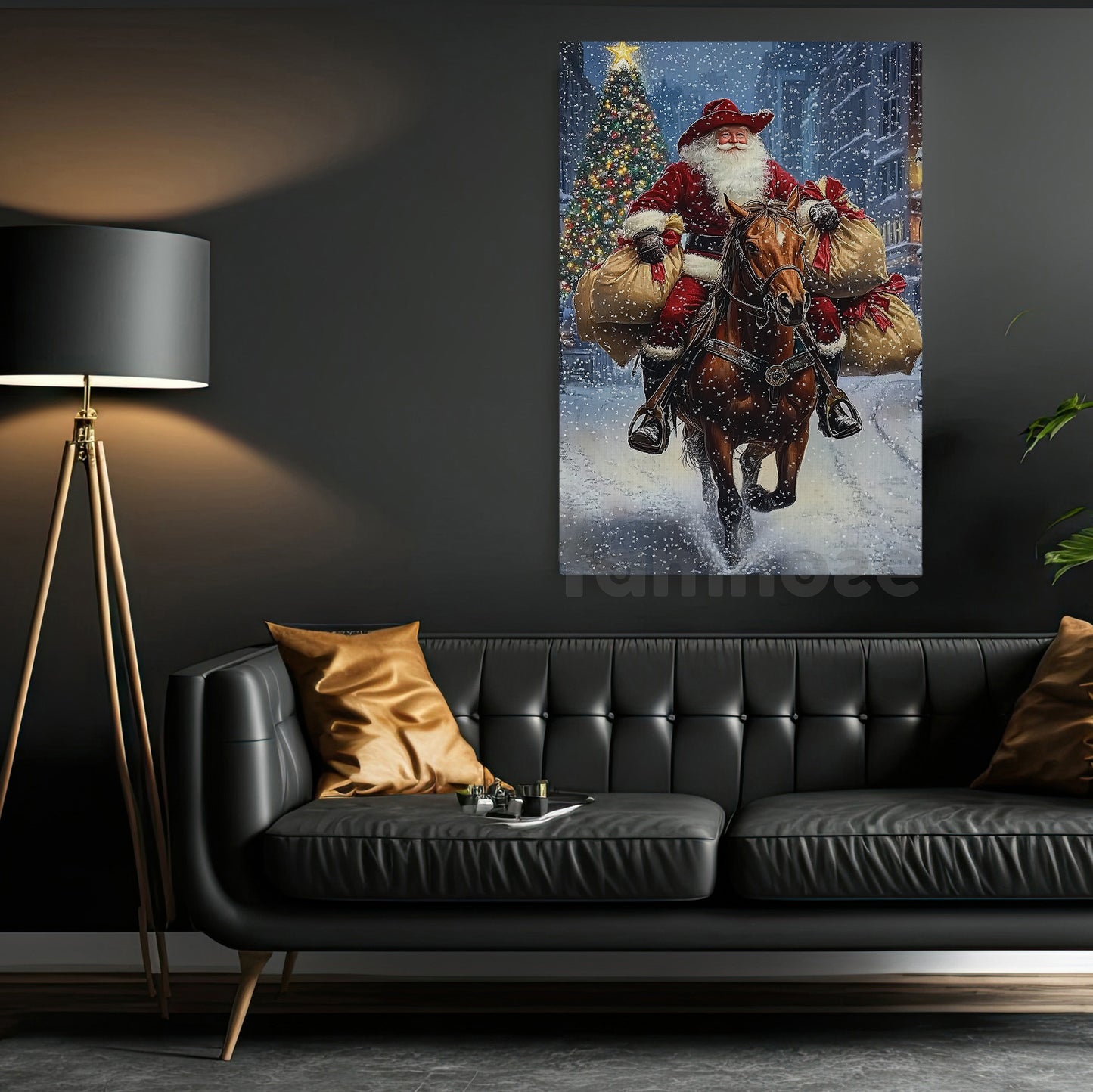Christmas Cowboy Canvas Painting, Santa Claus Ride Horse In Snow Wall Art Decor Xmas Poster Gift For Cowboys