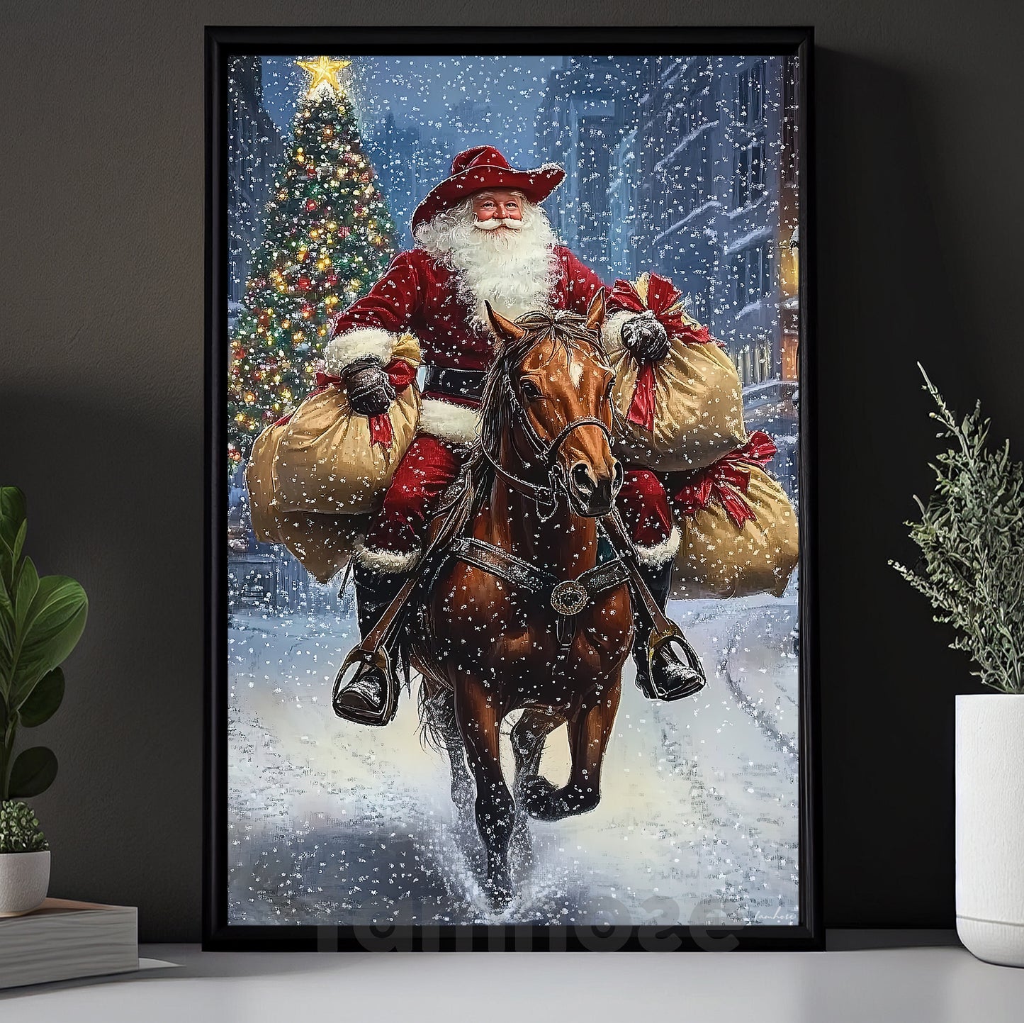 Christmas Cowboy Canvas Painting, Santa Claus Ride Horse In Snow Wall Art Decor Xmas Poster Gift For Cowboys