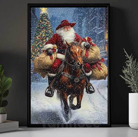 Christmas Cowboy Canvas Painting, Santa Claus Ride Horse In Snow Wall Art Decor Xmas Poster Gift For Cowboys