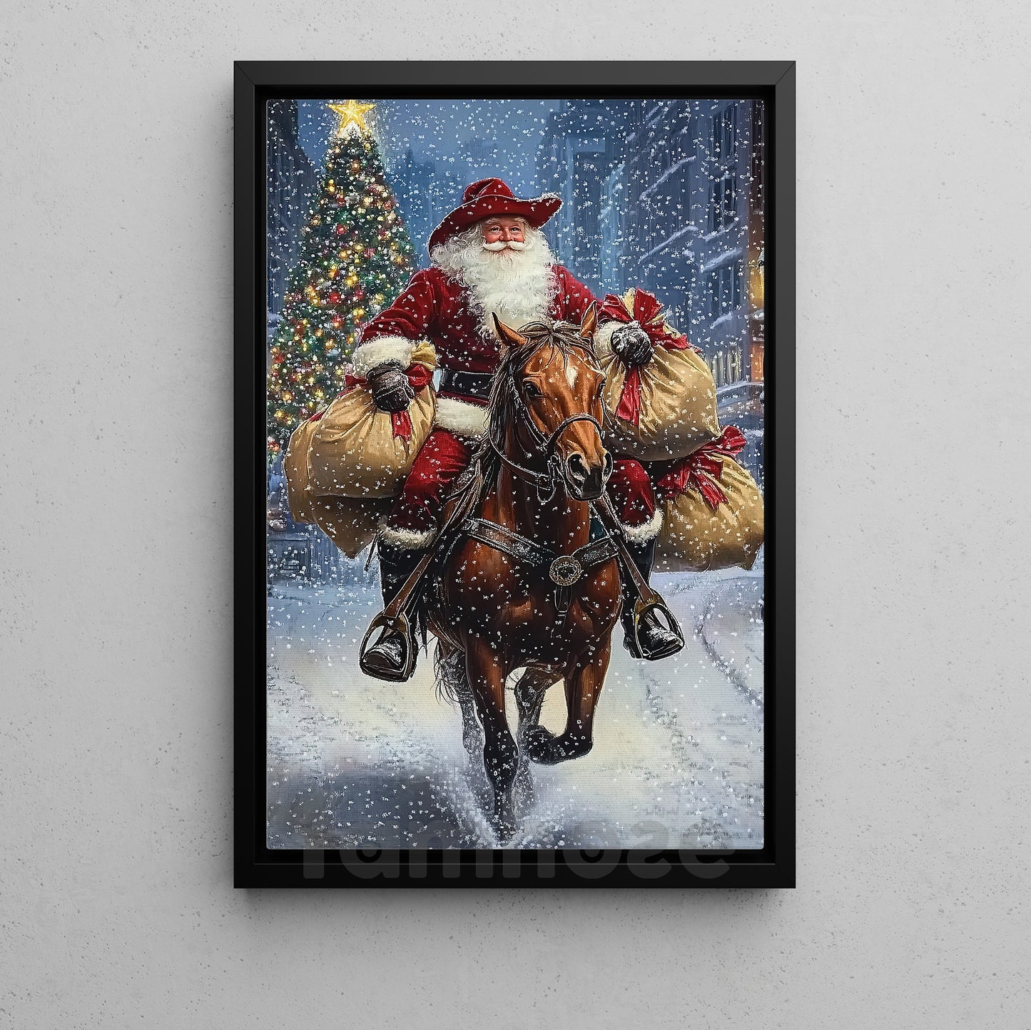Christmas Cowboy Canvas Painting, Santa Claus Ride Horse In Snow Wall Art Decor Xmas Poster Gift For Cowboys