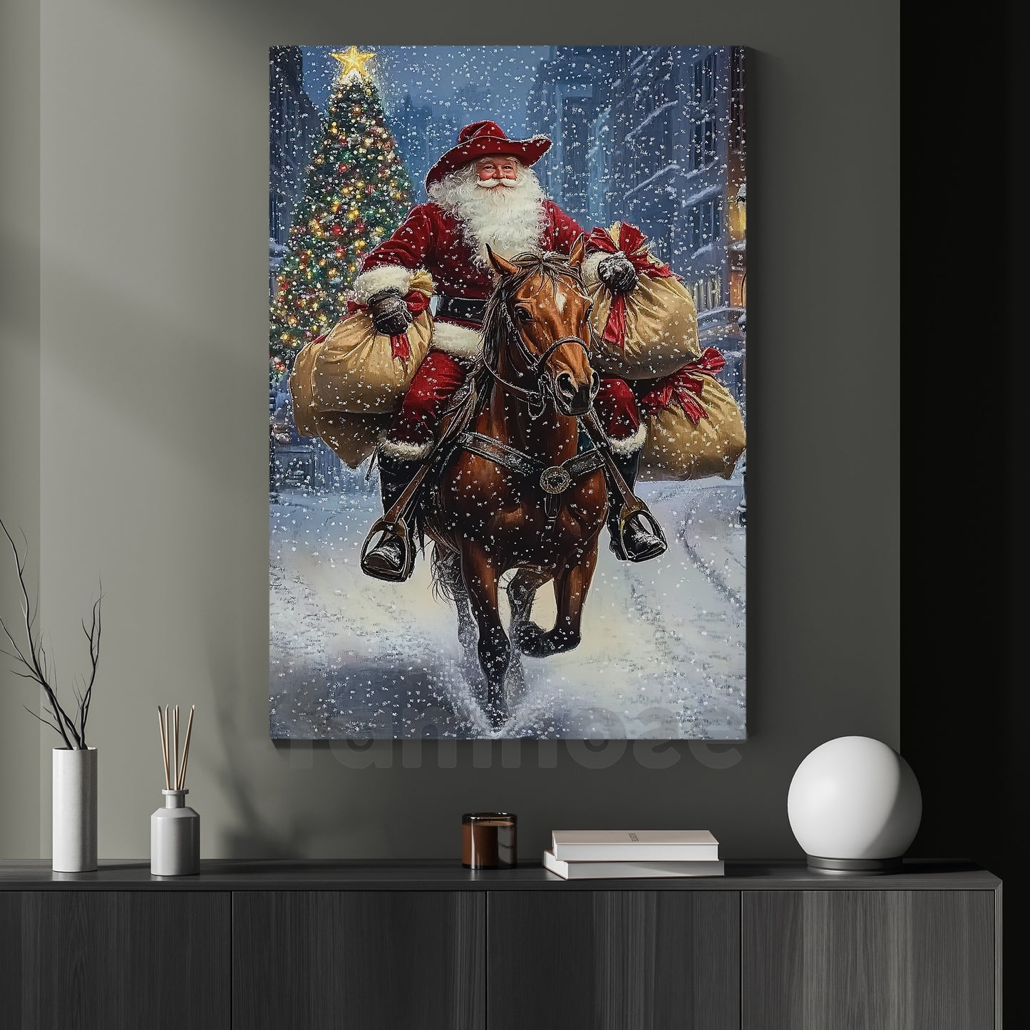 Christmas Cowboy Canvas Painting, Santa Claus Ride Horse In Snow Wall Art Decor Xmas Poster Gift For Cowboys