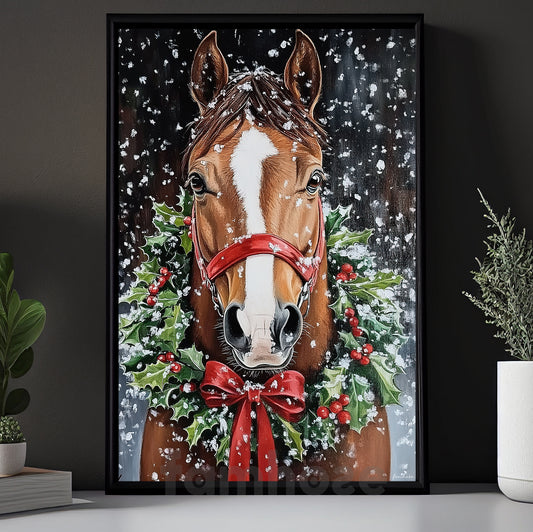 Christmas Horse Canvas Painting, Snowy Horse Portrait Wall Art Decor Xmas Poster Gift For Horse Lovers