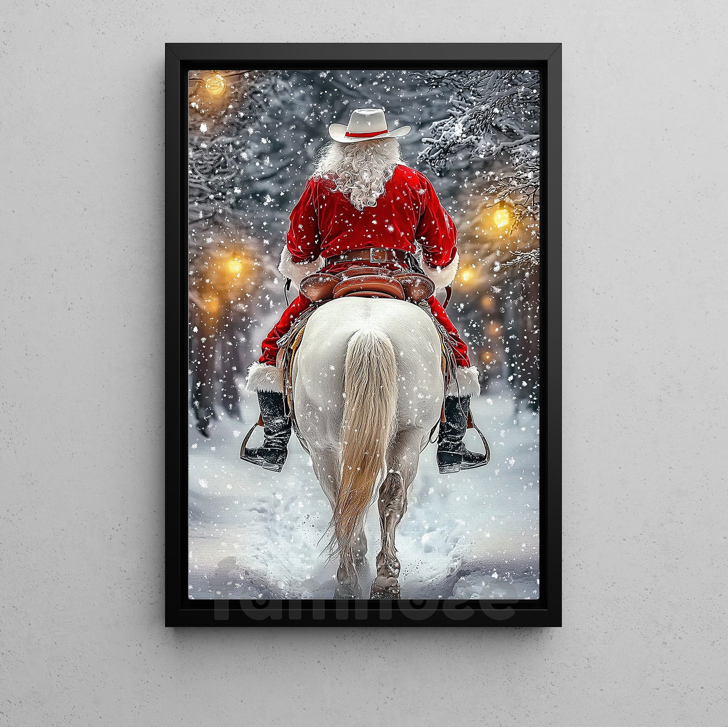 Christmas Cowboy Canvas Painting, Santa Claus Riding Horse In Snow Wall Art Decor Xmas Poster Gift For Cowboys