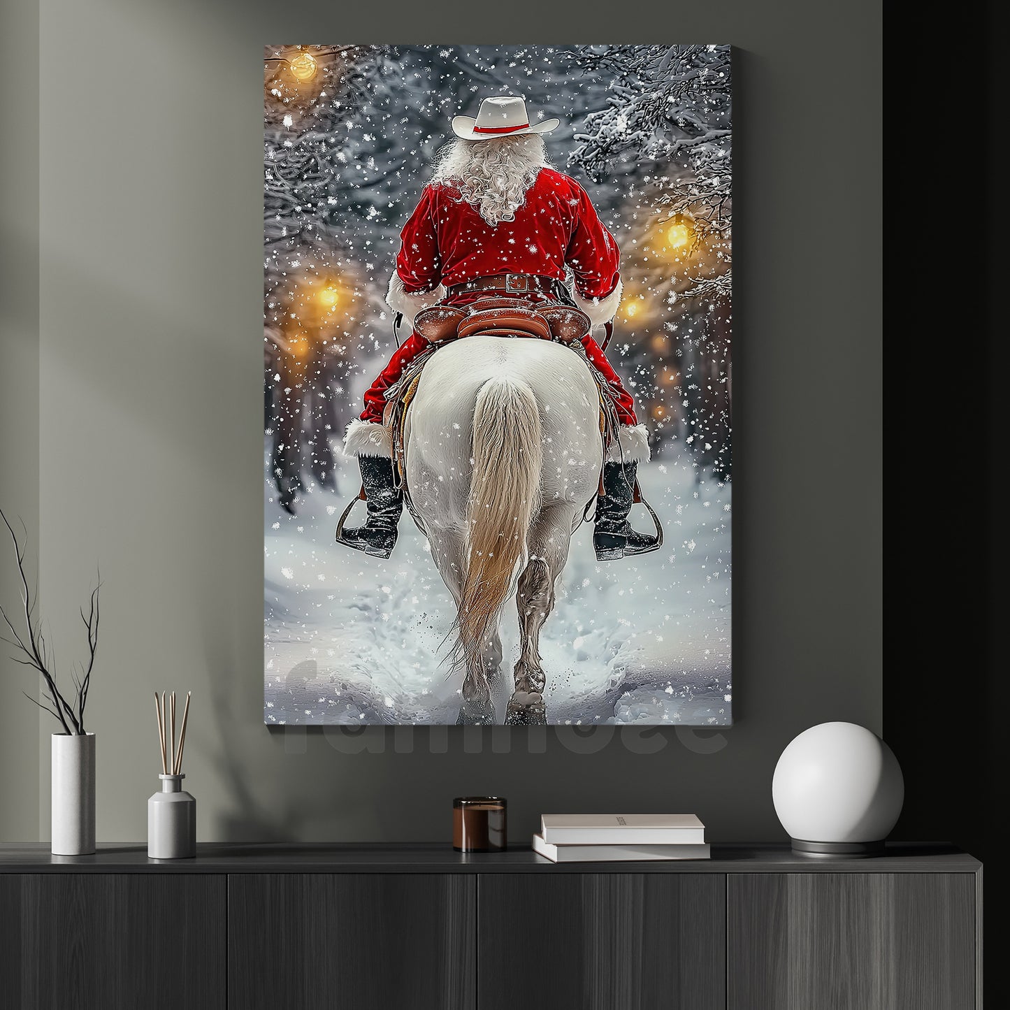 Christmas Cowboy Canvas Painting, Santa Claus Riding Horse In Snow Wall Art Decor Xmas Poster Gift For Cowboys