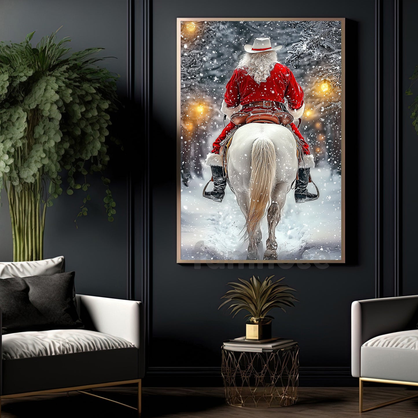 Christmas Cowboy Canvas Painting, Santa Claus Riding Horse In Snow Wall Art Decor Xmas Poster Gift For Cowboys