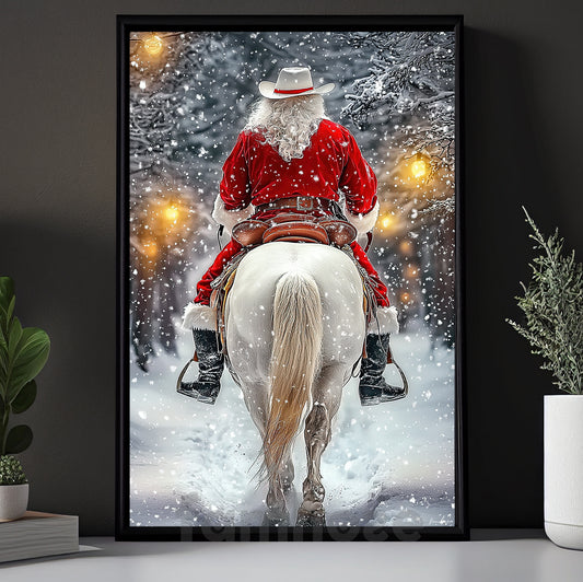 Christmas Cowboy Canvas Painting, Santa Claus Riding Horse In Snow Wall Art Decor Xmas Poster Gift For Cowboys