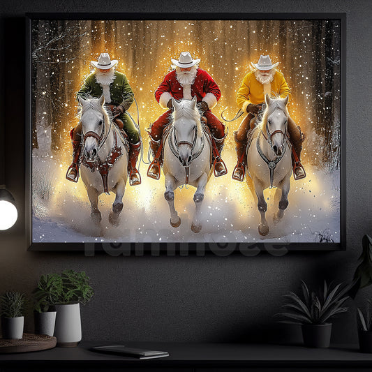 Christmas Cowboy Canvas Painting, Santa Cowboys In Snow Wall Art Decor Xmas Poster Gift For Cowboys
