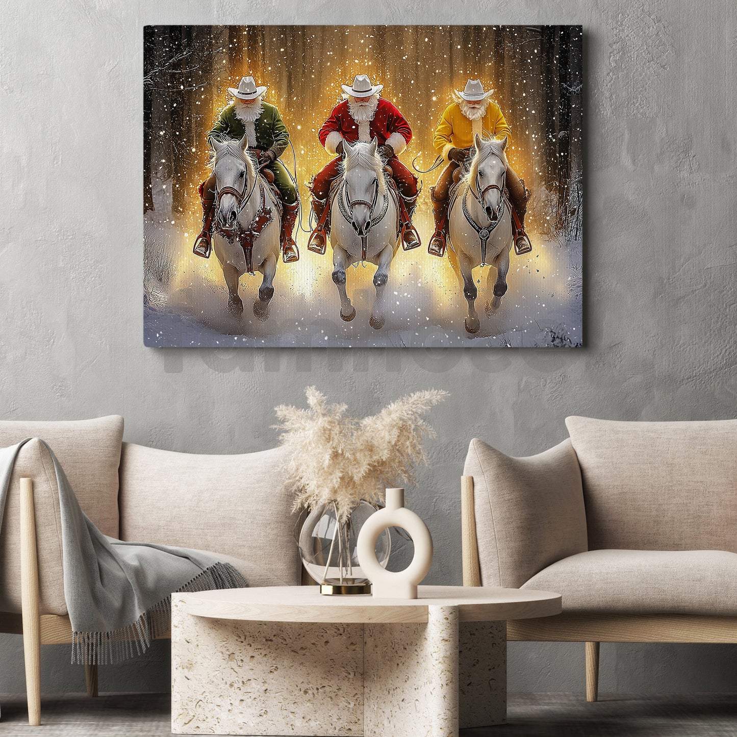 Christmas Cowboy Canvas Painting, Santa Cowboys In Snow Wall Art Decor Xmas Poster Gift For Cowboys