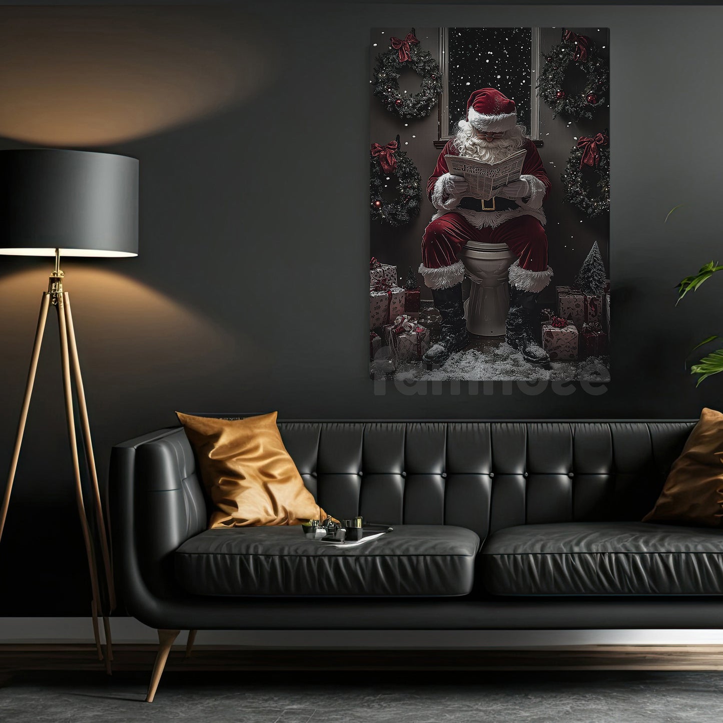 Christmas Toilet Canvas Painting, Santa Reading Newspaper Wall Art Decor, Xmas Poster Gift For Toilet Lovers