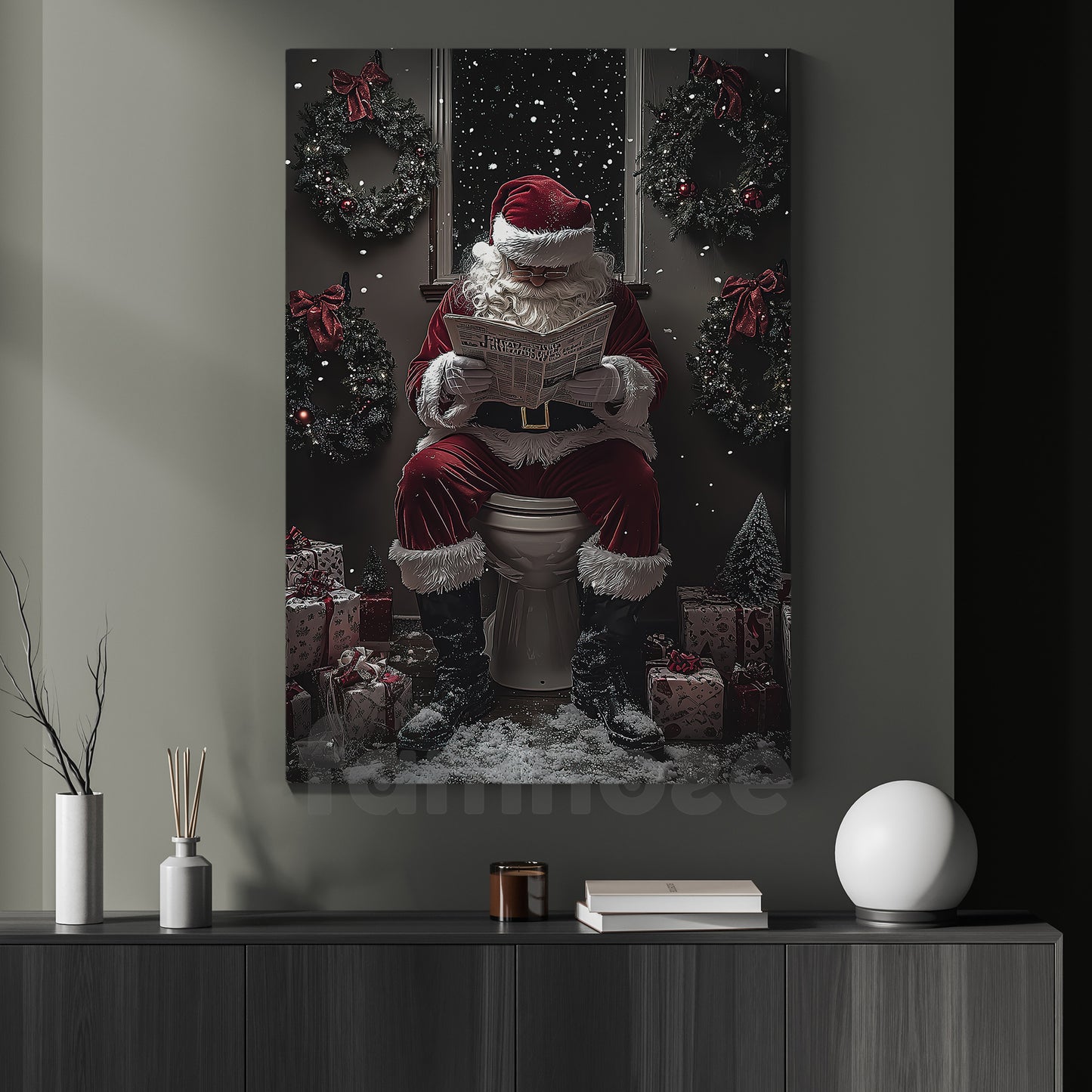 Christmas Toilet Canvas Painting, Santa Reading Newspaper Wall Art Decor, Xmas Poster Gift For Toilet Lovers