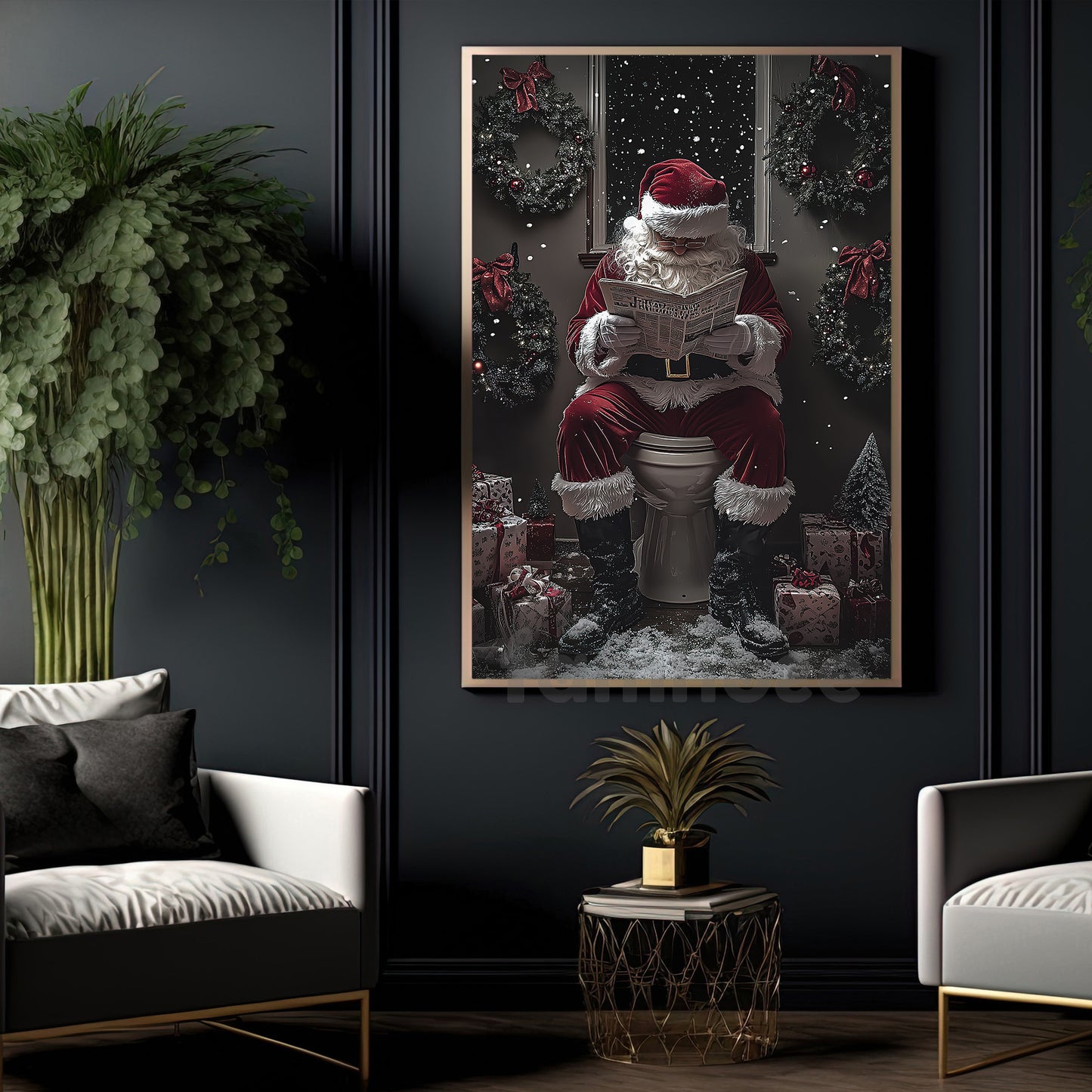 Christmas Toilet Canvas Painting, Santa Reading Newspaper Wall Art Decor, Xmas Poster Gift For Toilet Lovers