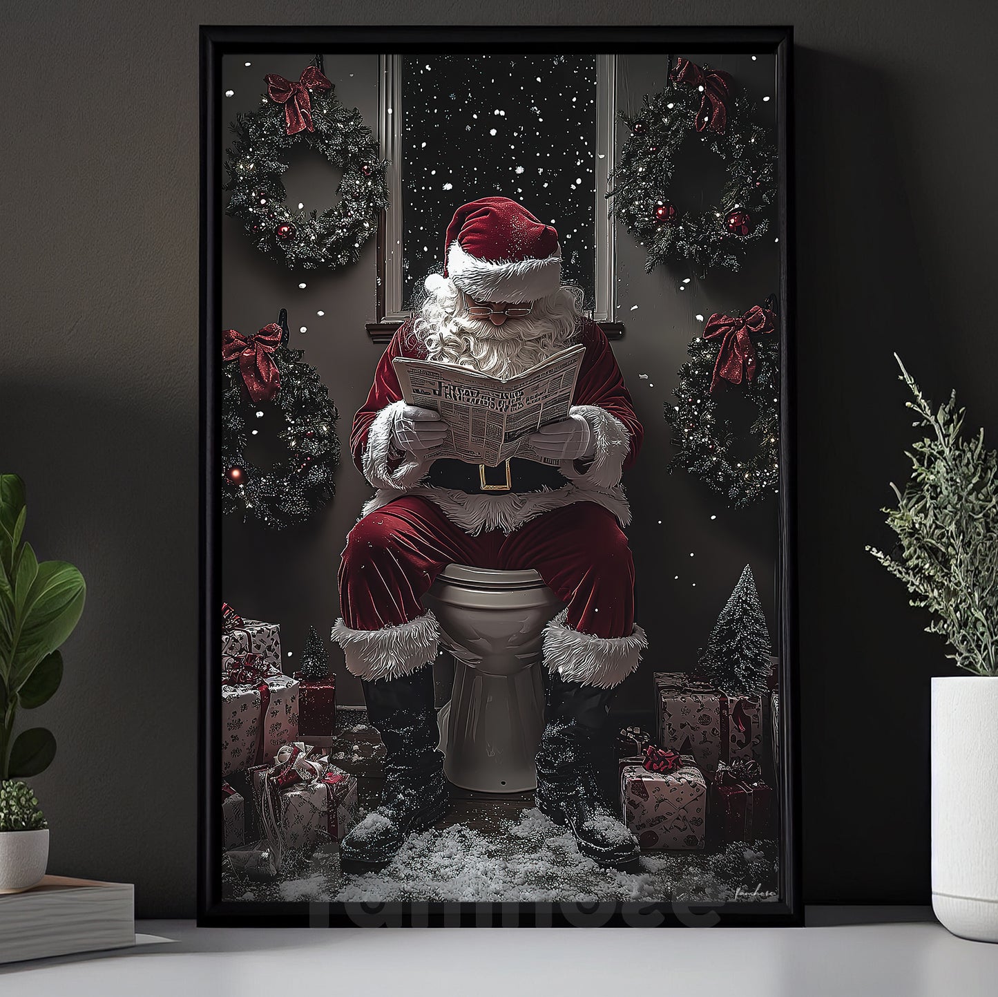 Christmas Toilet Canvas Painting, Santa Reading Newspaper Wall Art Decor, Xmas Poster Gift For Toilet Lovers