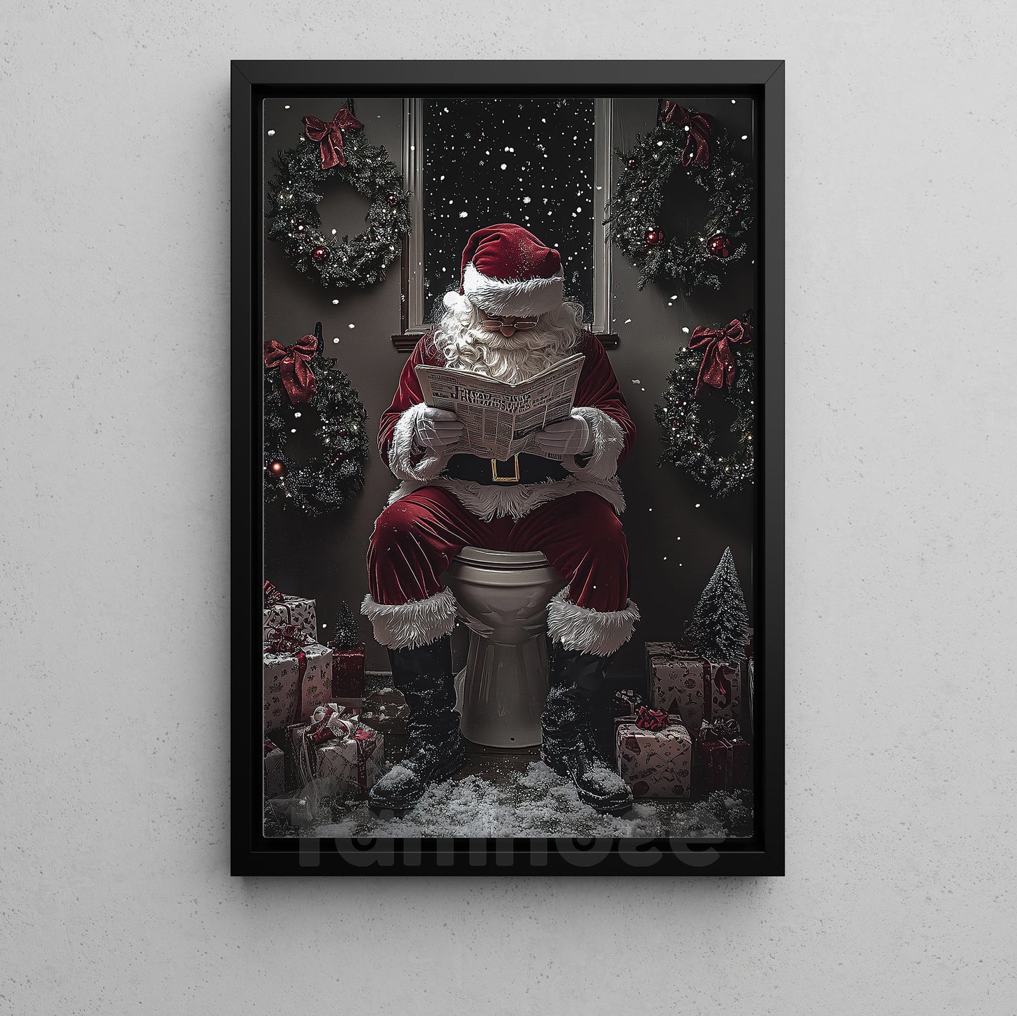 Christmas Toilet Canvas Painting, Santa Reading Newspaper Wall Art Decor, Xmas Poster Gift For Toilet Lovers