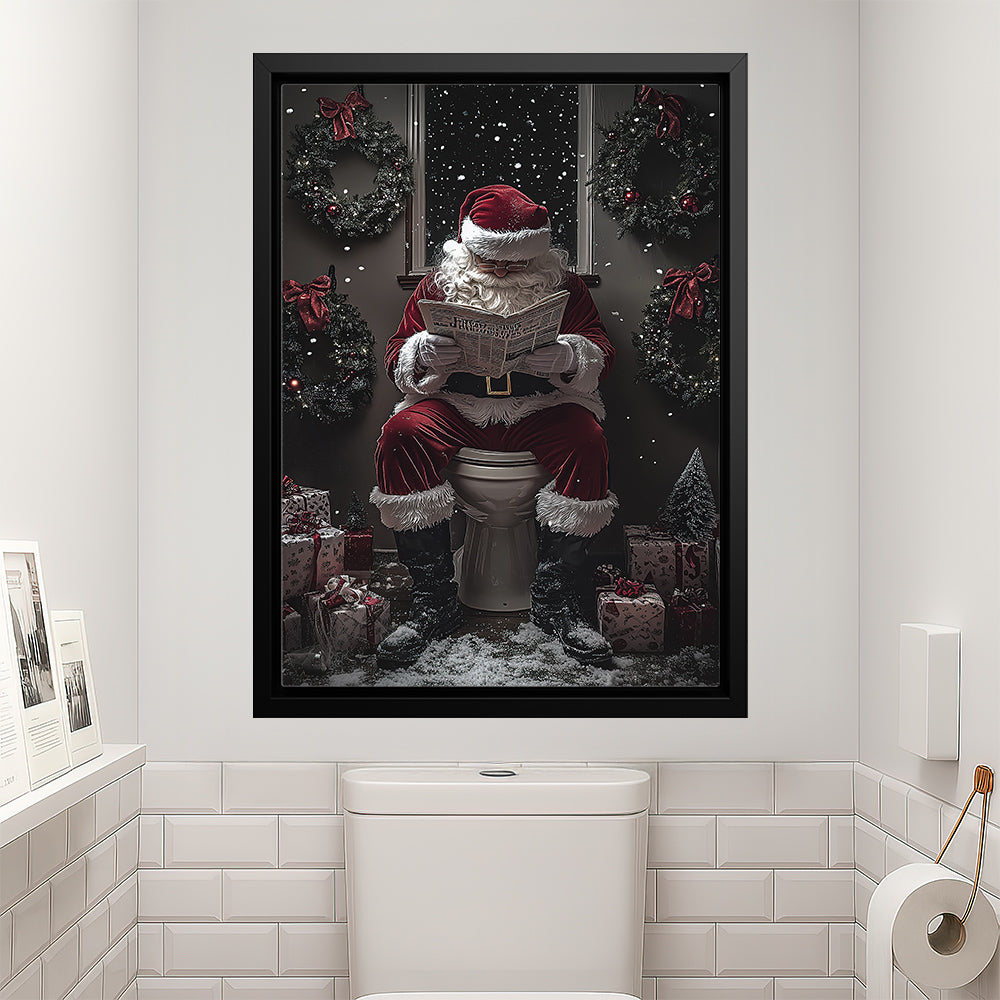 Christmas Toilet Canvas Painting, Santa Reading Newspaper Wall Art Decor, Xmas Poster Gift For Toilet Lovers