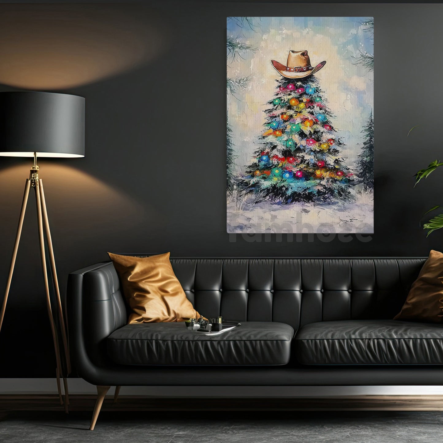 Christmas Cowboy Canvas Painting, Western Christmas Tree Wall Art Decor, Xmas Poster Gift For Cowboys