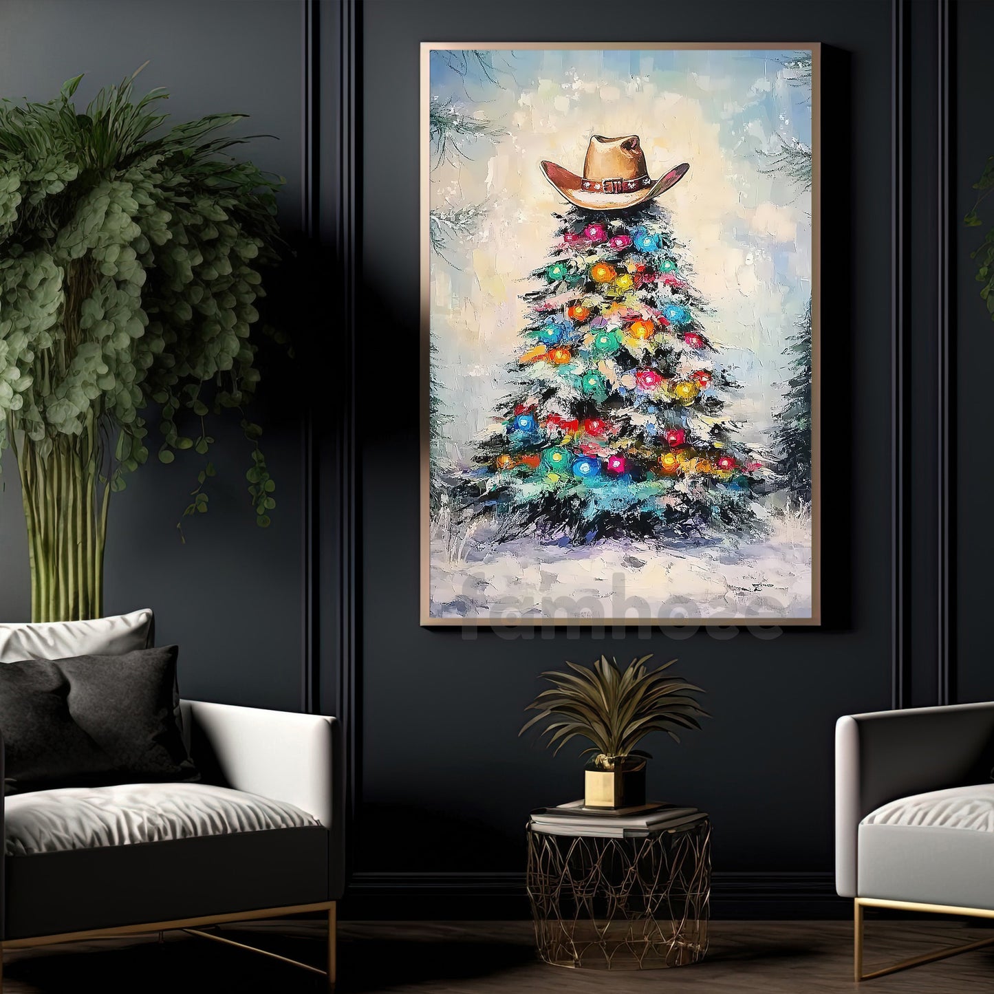 Christmas Cowboy Canvas Painting, Western Christmas Tree Wall Art Decor, Xmas Poster Gift For Cowboys