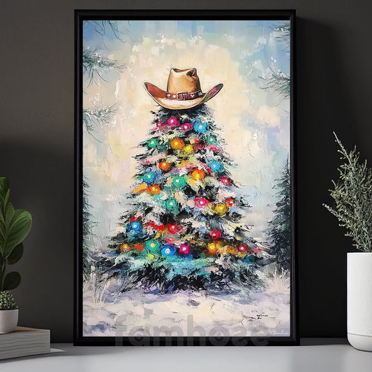 Christmas Cowboy Canvas Painting, Western Christmas Tree Wall Art Decor, Xmas Poster Gift For Cowboys