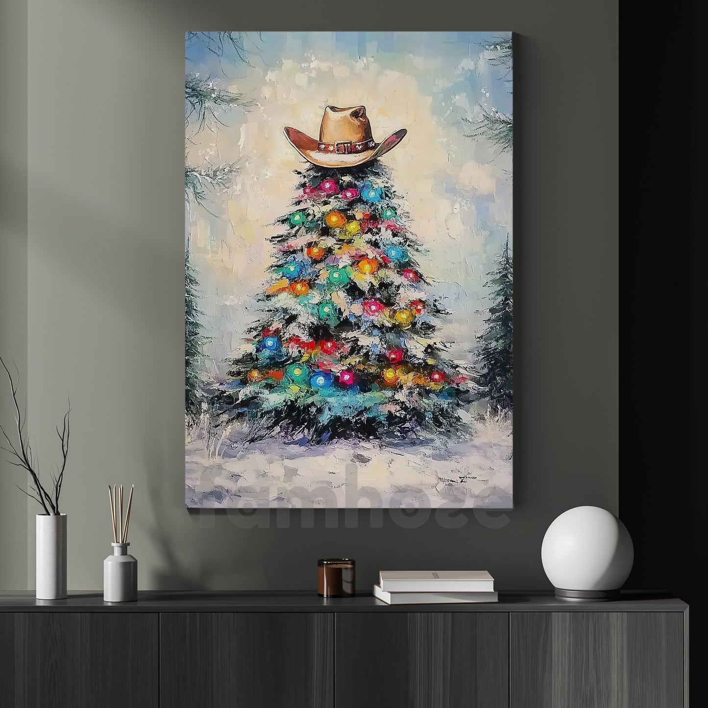 Christmas Cowboy Canvas Painting, Western Christmas Tree Wall Art Decor, Xmas Poster Gift For Cowboys