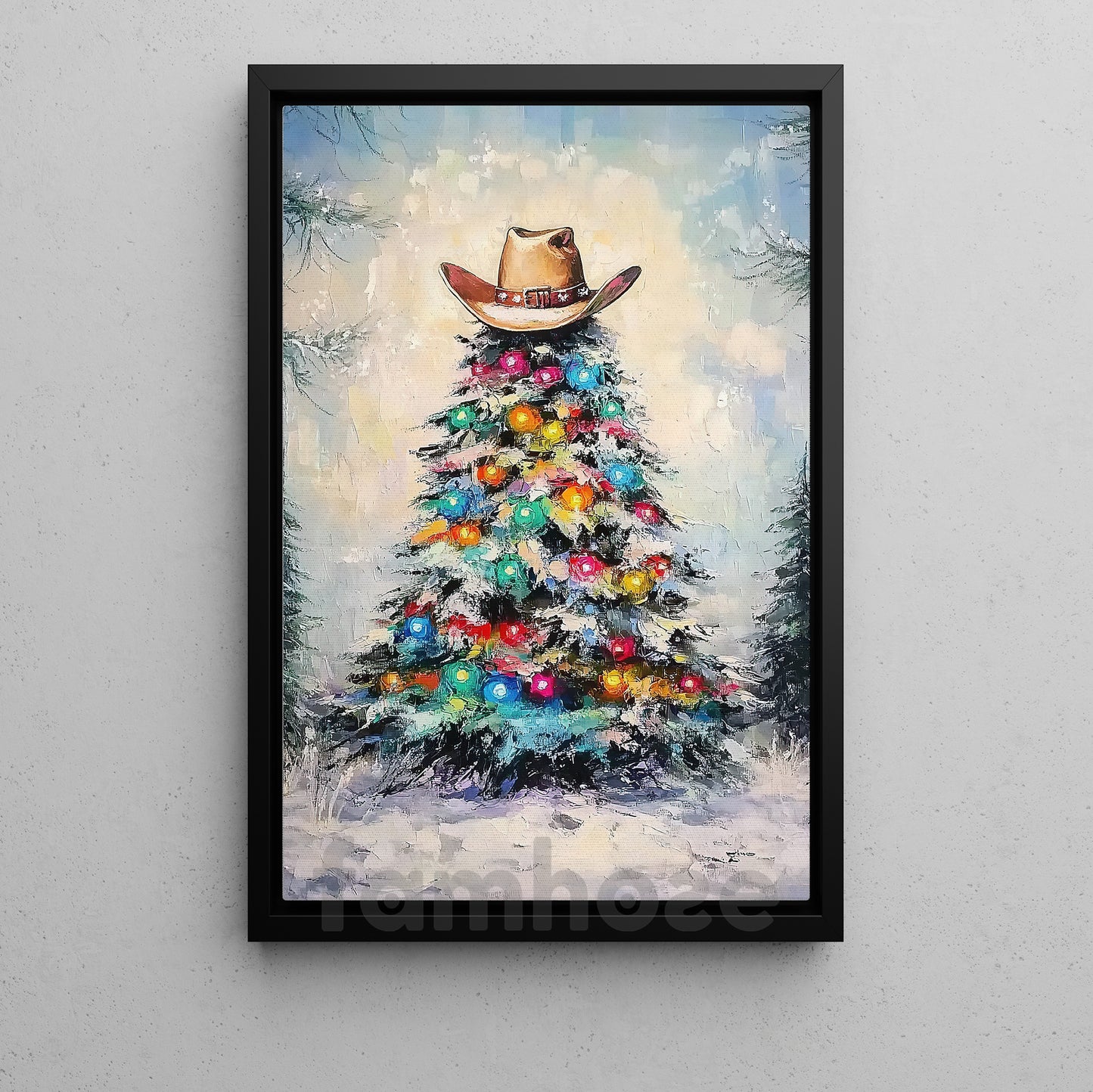 Christmas Cowboy Canvas Painting, Western Christmas Tree Wall Art Decor, Xmas Poster Gift For Cowboys