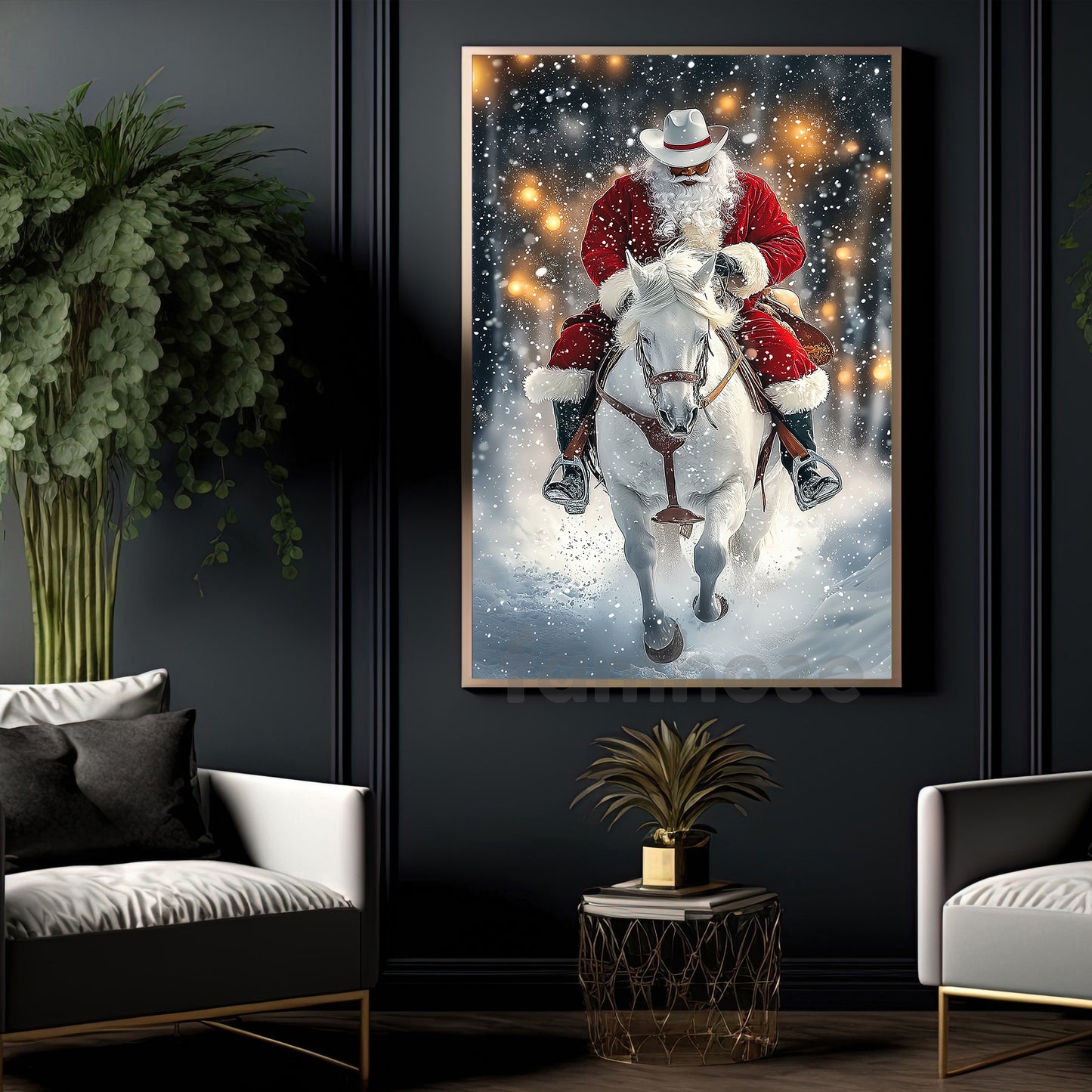 Christmas Cowboy Canvas Painting, Santa On Horseback Wall Art Decor Xmas Poster Gift For Cowboys