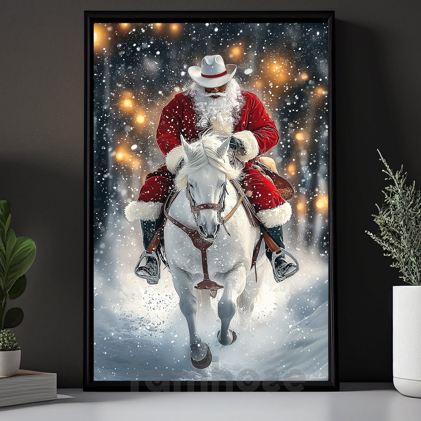 Christmas Cowboy Canvas Painting, Santa On Horseback Wall Art Decor Xmas Poster Gift For Cowboys
