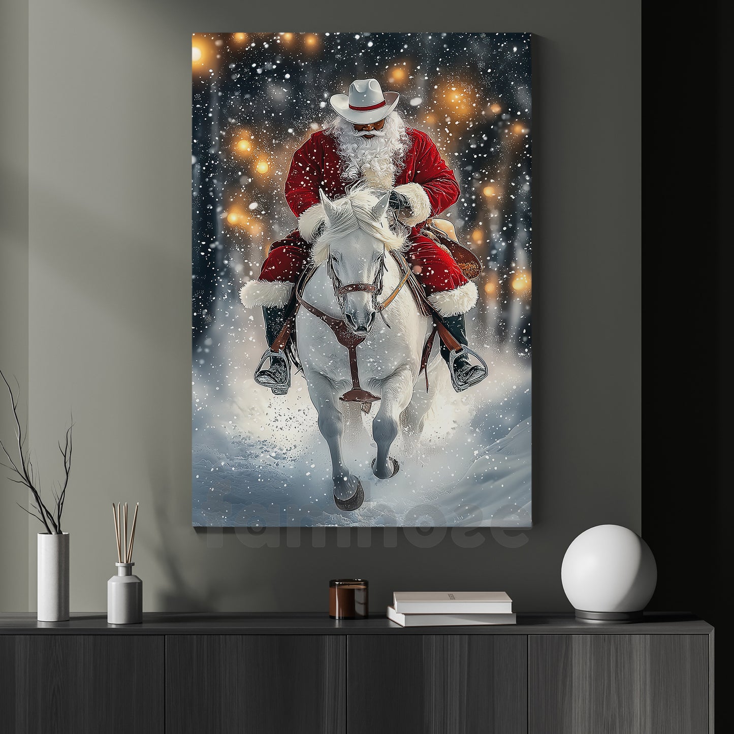 Christmas Cowboy Canvas Painting, Santa On Horseback Wall Art Decor Xmas Poster Gift For Cowboys