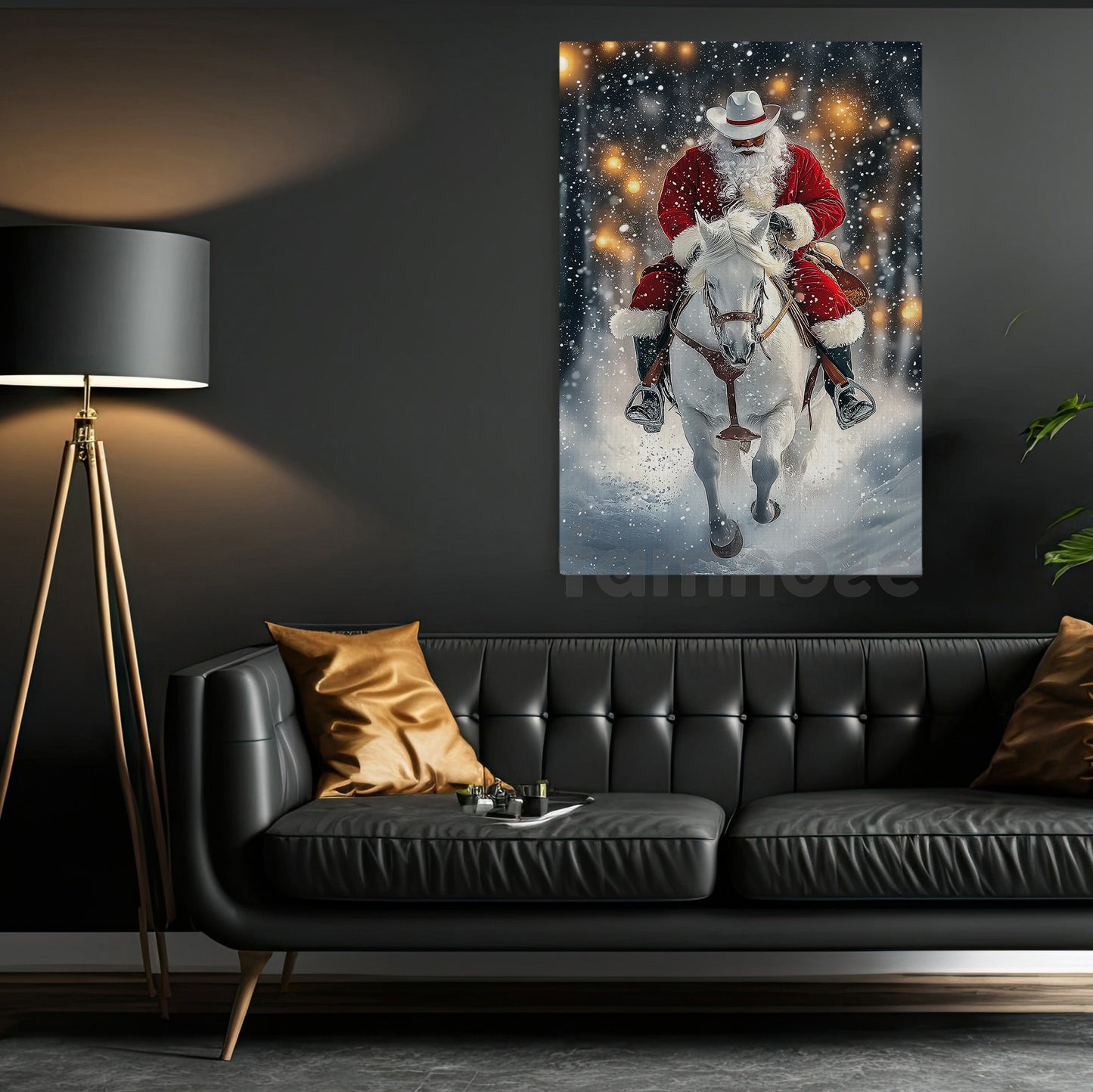 Christmas Cowboy Canvas Painting, Santa On Horseback Wall Art Decor Xmas Poster Gift For Cowboys