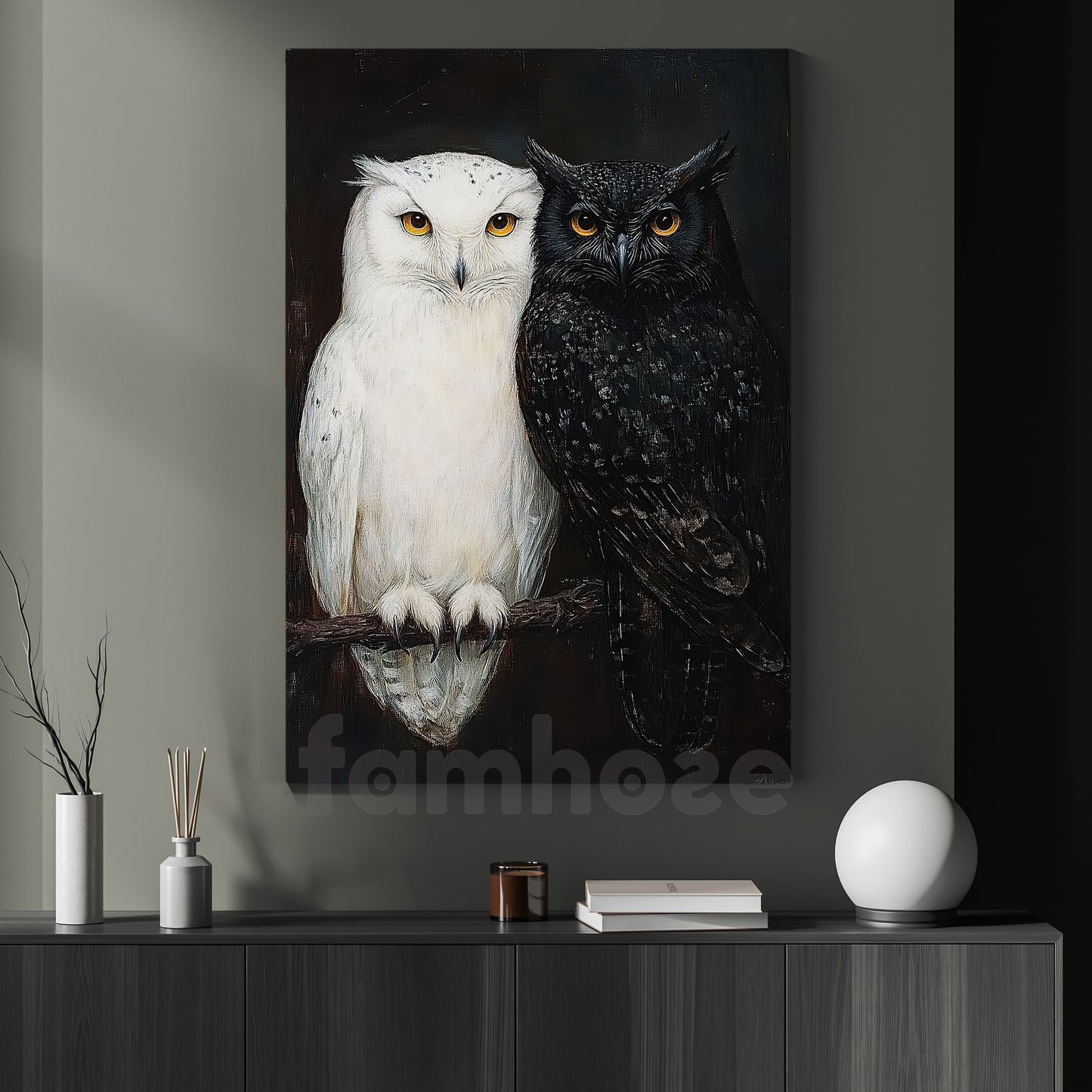 Black And White Owls Canvas Painting, Yin Yang Owl Wall Art Decor, Poster Gift For Owl Lovers