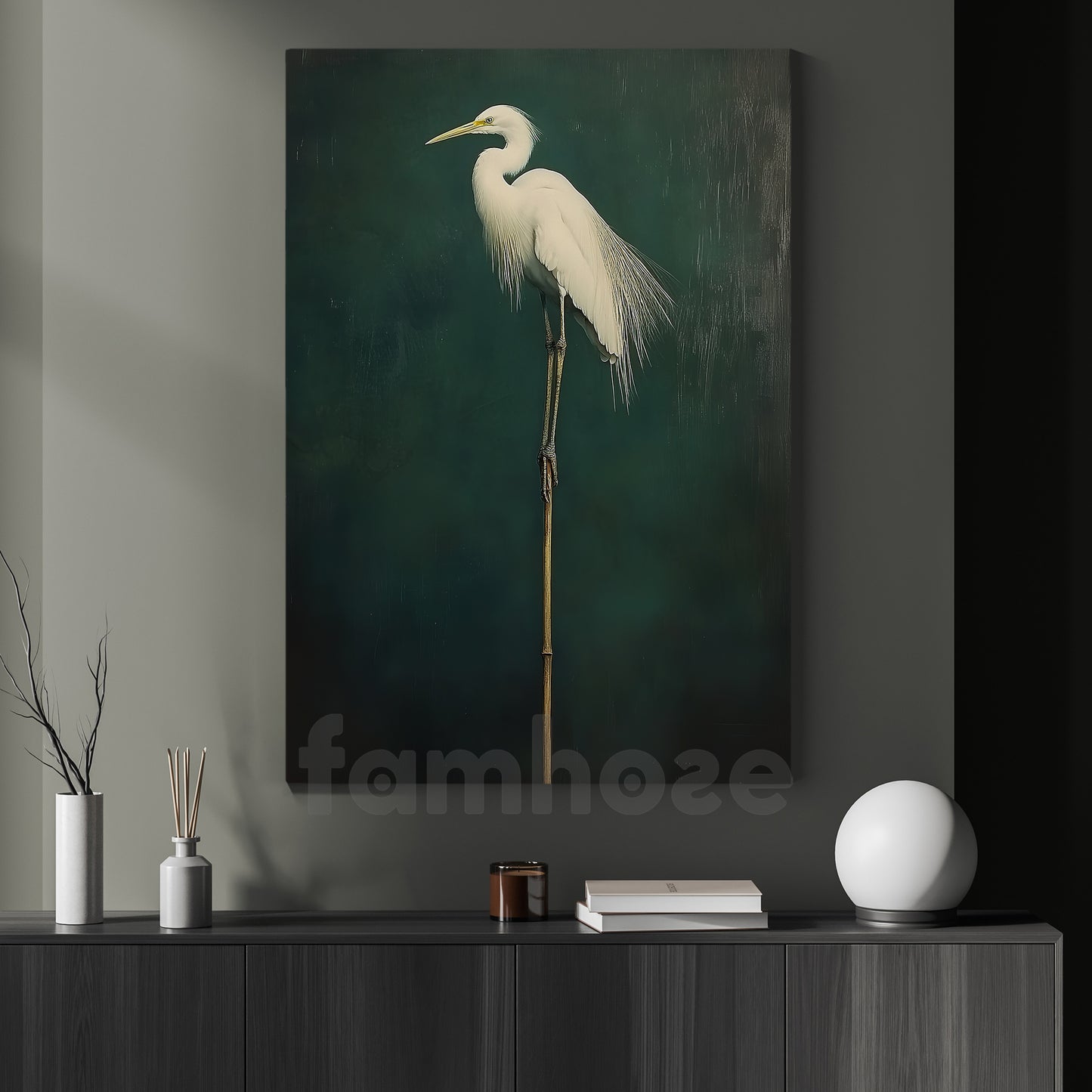 Japanese Crane Canvas Painting, The Slientment Heron Wall Art Decor, Poster Gift For White Heron Lovers