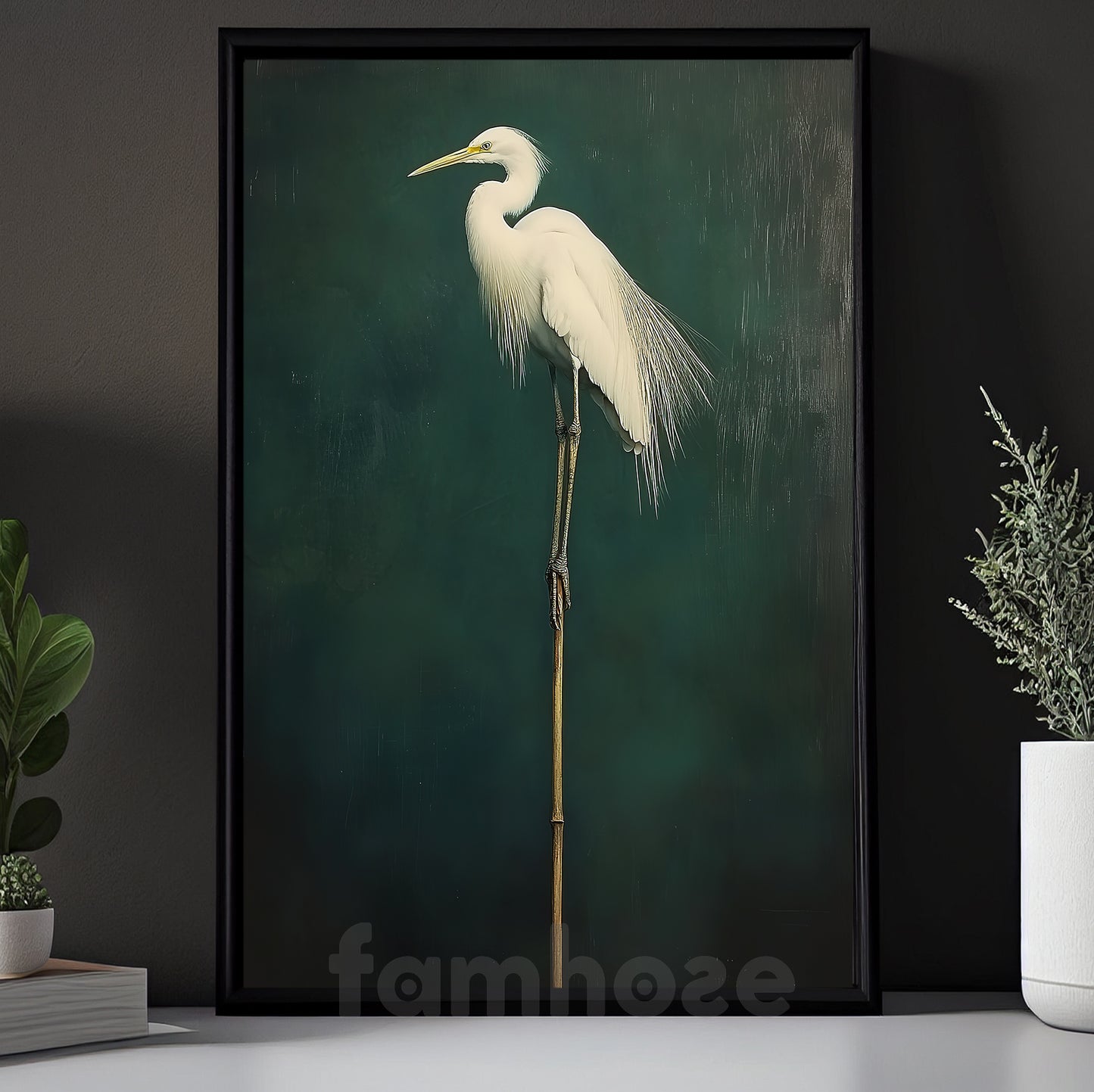 Japanese Crane Canvas Painting, The Slientment Heron Wall Art Decor, Poster Gift For White Heron Lovers