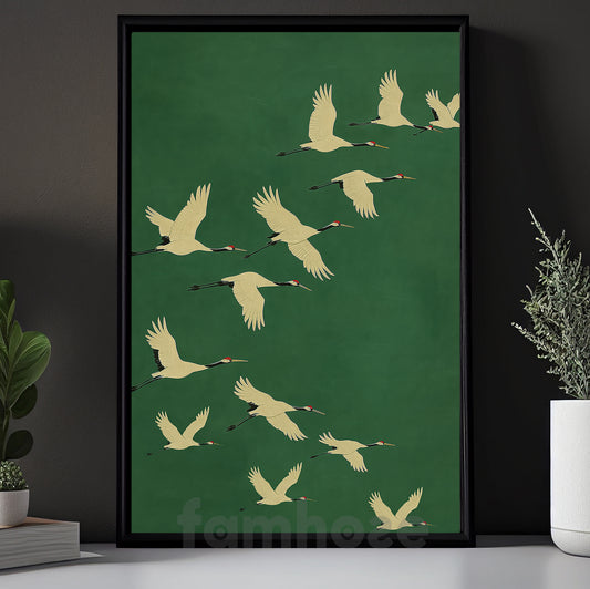 Japanese Cranes Canvas Painting, Emerald Cranes Wall Art Decor, Poster Gift To Decor Home Or Office
