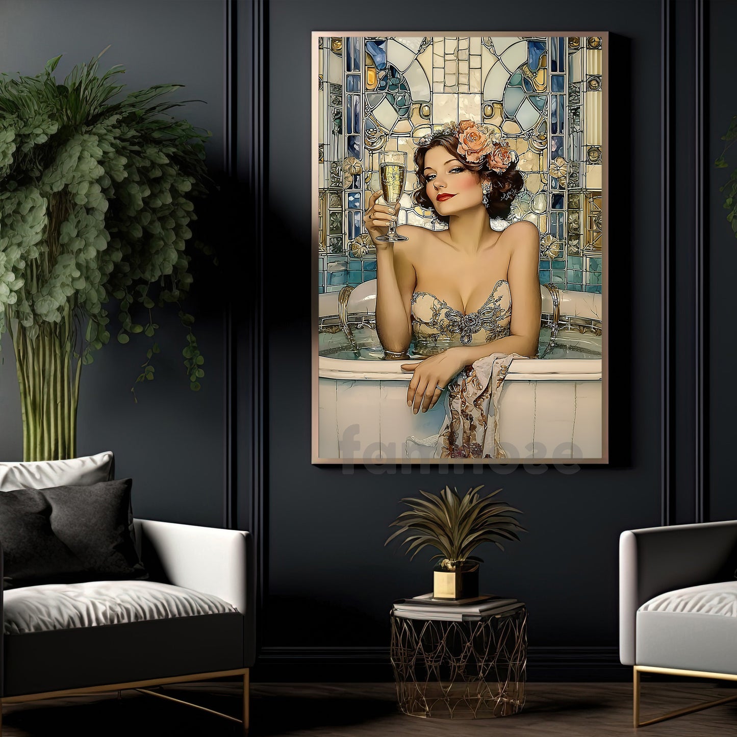 Glamorous Retro Canvas Painting, Luxury Wine Lady Wall Art Decor, Poster Gift