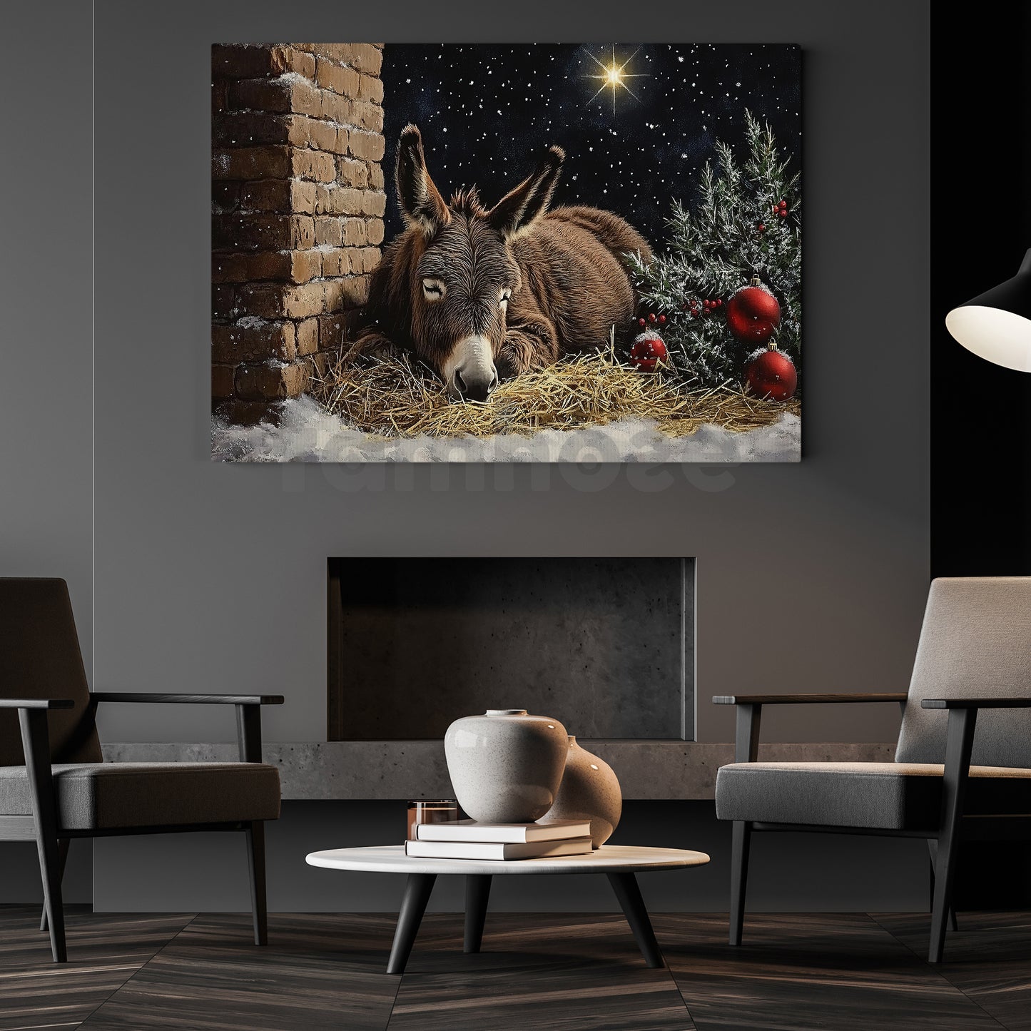 Peaceful Christmas Donkey Canvas Painting, Silent Night Stable Scene Wall Art Decor, Xmas Poster Gift For Donkey Lovers
