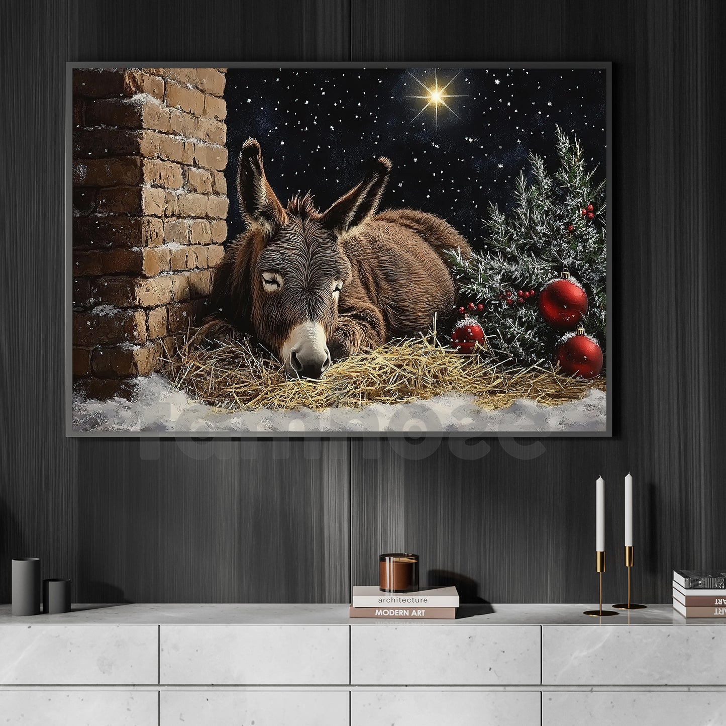 Peaceful Christmas Donkey Canvas Painting, Silent Night Stable Scene Wall Art Decor, Xmas Poster Gift For Donkey Lovers