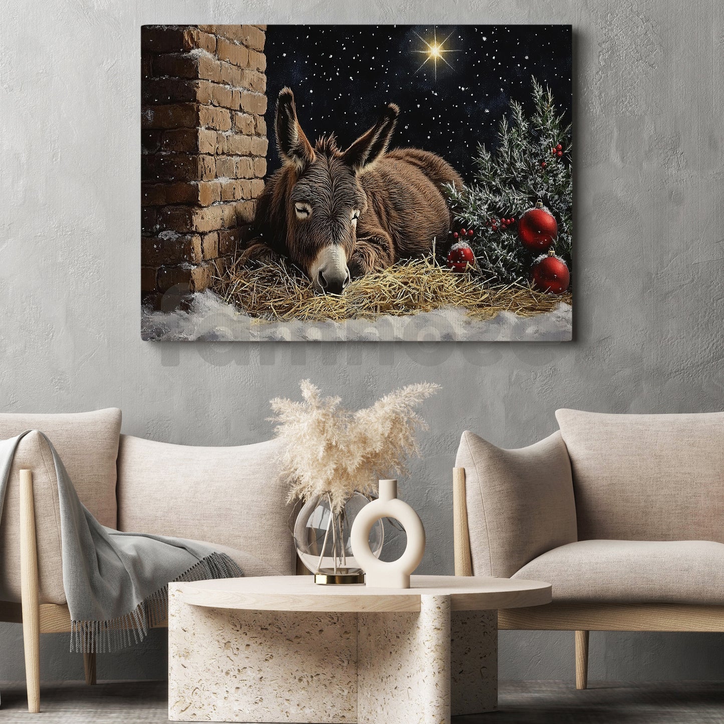Peaceful Christmas Donkey Canvas Painting, Silent Night Stable Scene Wall Art Decor, Xmas Poster Gift For Donkey Lovers