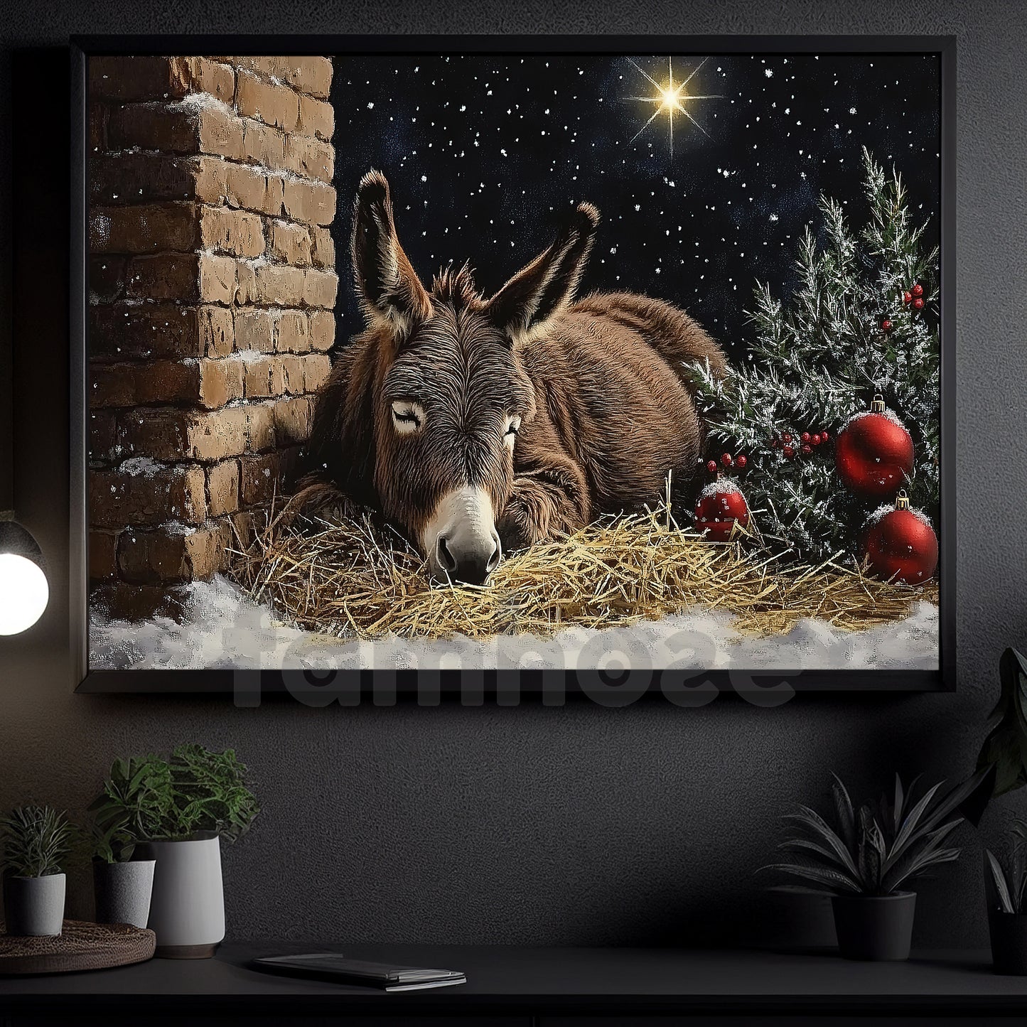 Peaceful Christmas Donkey Canvas Painting, Silent Night Stable Scene Wall Art Decor, Xmas Poster Gift For Donkey Lovers