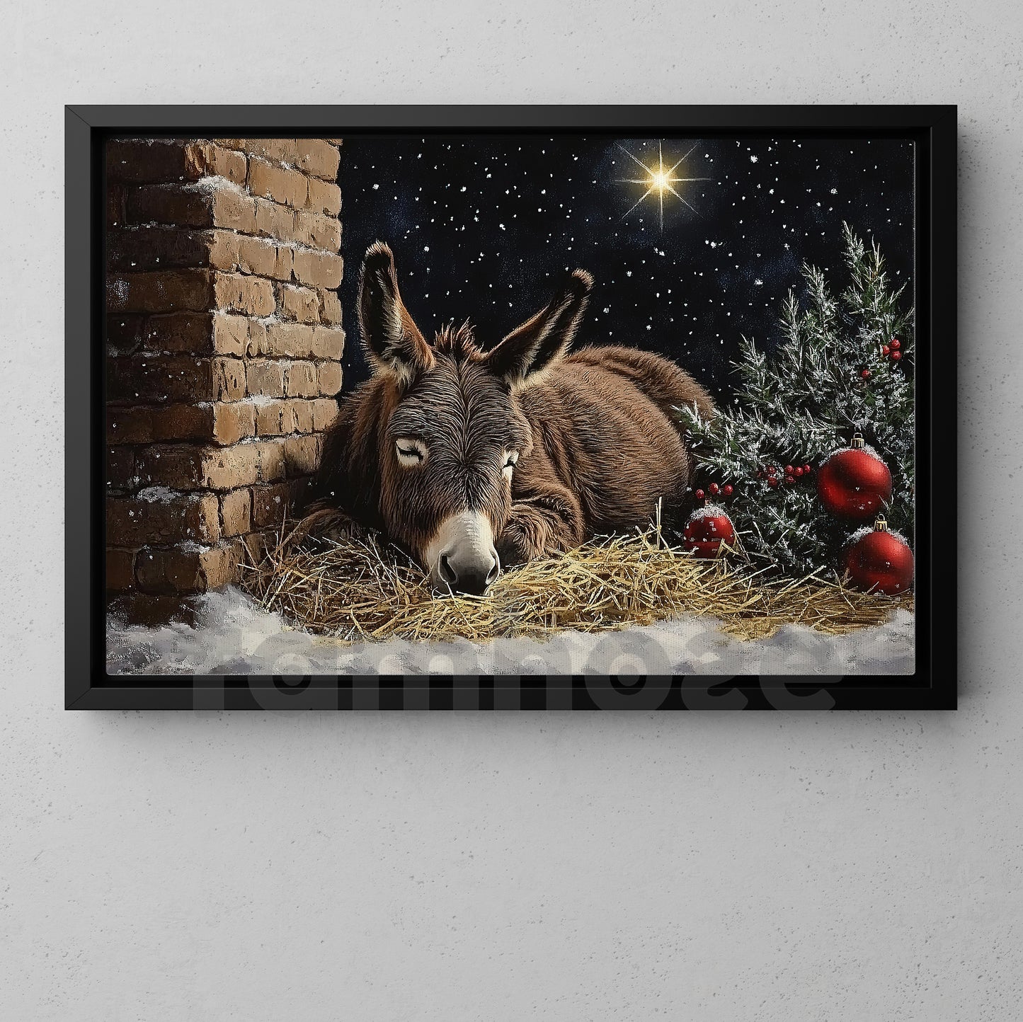 Peaceful Christmas Donkey Canvas Painting, Silent Night Stable Scene Wall Art Decor, Xmas Poster Gift For Donkey Lovers