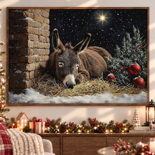 Peaceful Christmas Donkey Canvas Painting, Silent Night Stable Scene Wall Art Decor, Xmas Poster Gift For Donkey Lovers