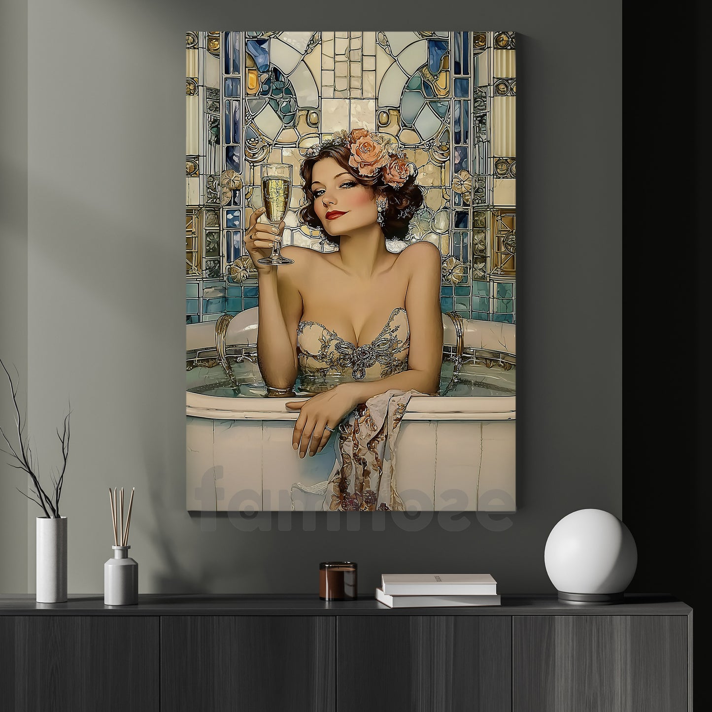 Glamorous Retro Canvas Painting, Luxury Wine Lady Wall Art Decor, Poster Gift
